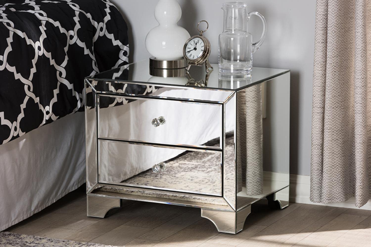 Baxton Studio Farrah Hollywood 2-Drawer Nightstand MDF/Silver Mirrored/Glam