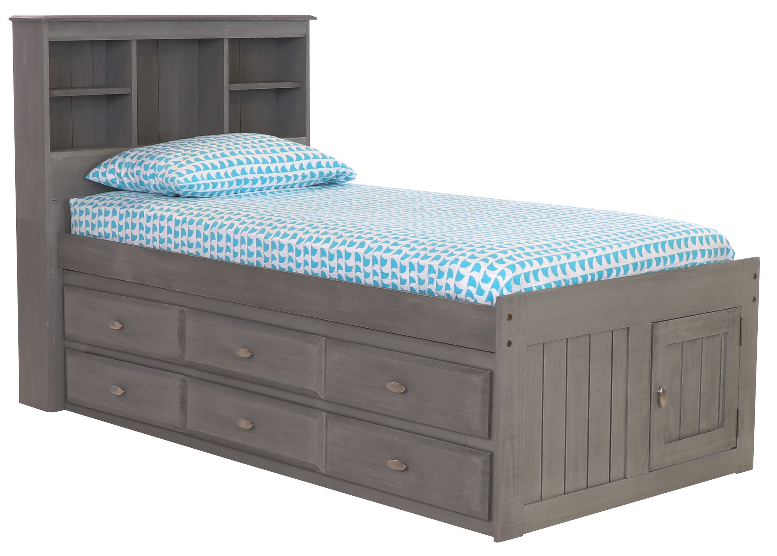 OS Home and Office Furniture Solid Pine Twin Captains Bookcase Bed with 12 underbed Drawers in Charcoal Gray