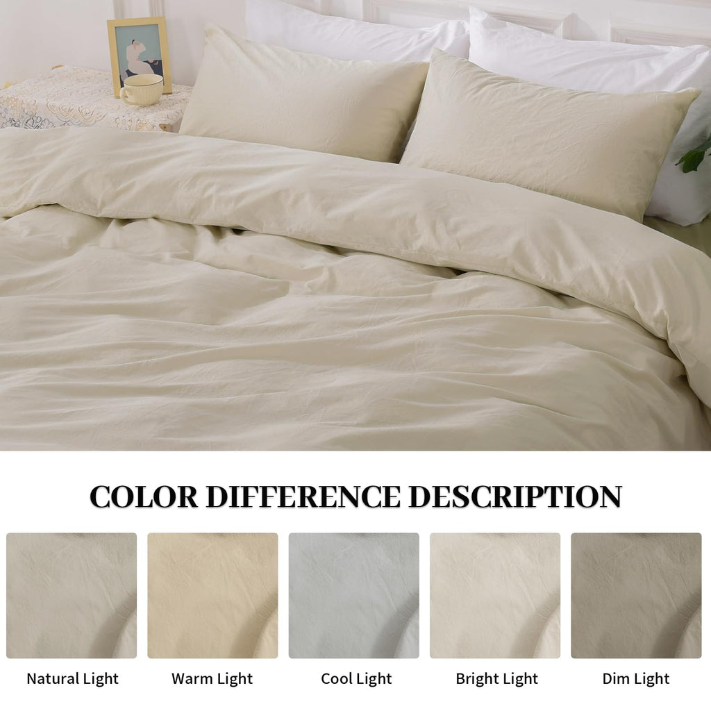 Nexhome Pro Duvet Cover Set Queen Size Linen Feel Textured Cream Grey Organic Natural 100% Washed Cotton Duvet Cover 3 Pieces Bedding Set With Zipper Closure, Breathable, Soft (No Comforter)