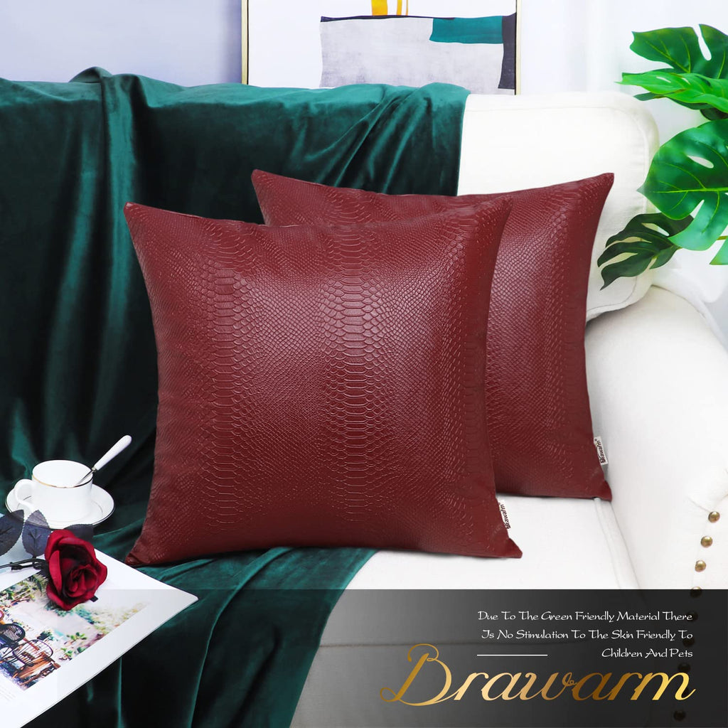 Brawarm Deep Red Leather Throw Pillows 18 X 18 Inches, Snake Leather Pillow Covers Pack Of 2, Faux Leather Decorative Pillow Cov