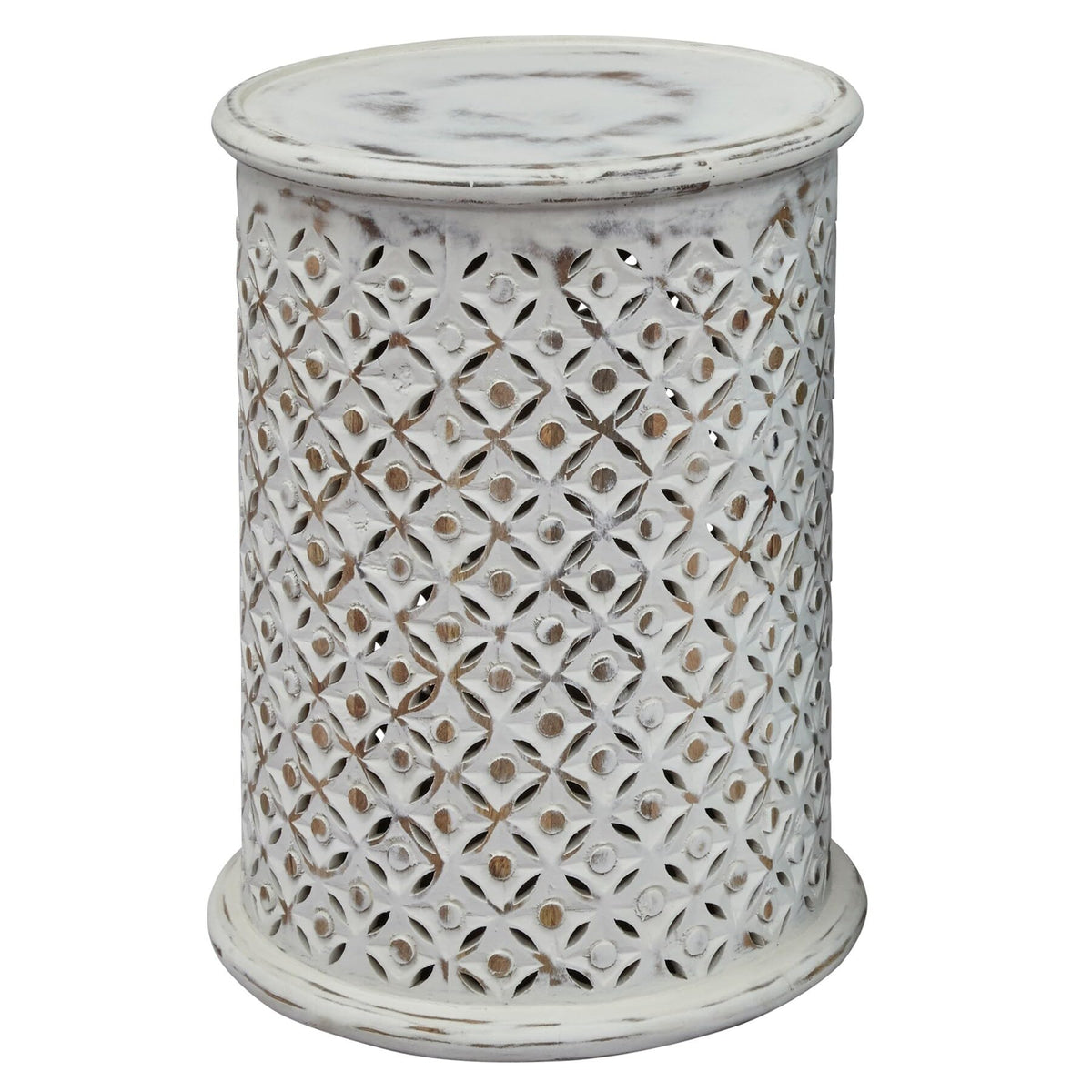 Jofran Inc. Decker Distressed Hardwood Global Drum End Table, Antique White, Large 23''
