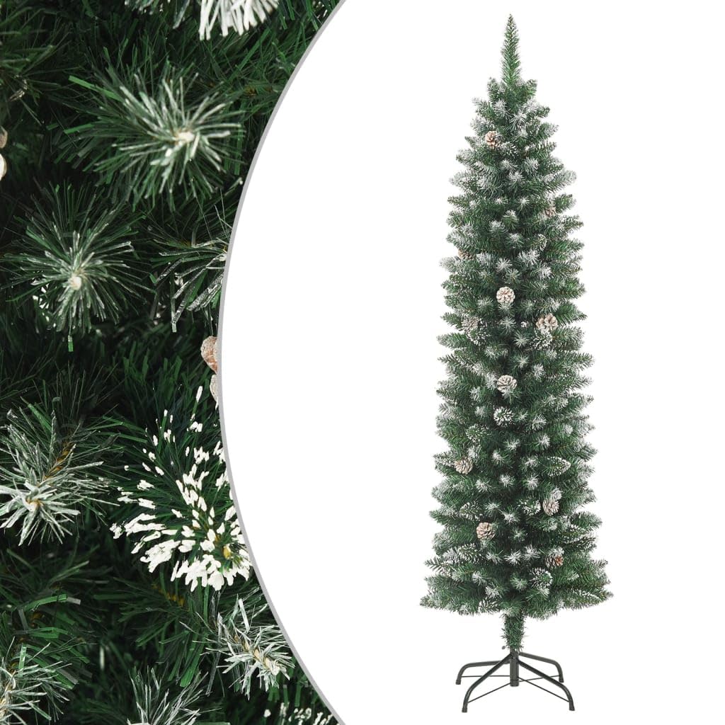 vidaXL 4ft Slim Artificial Christmas Tree with Stand - Green & White, Decorated with Cones and White Snow, Complete with Steel Stand