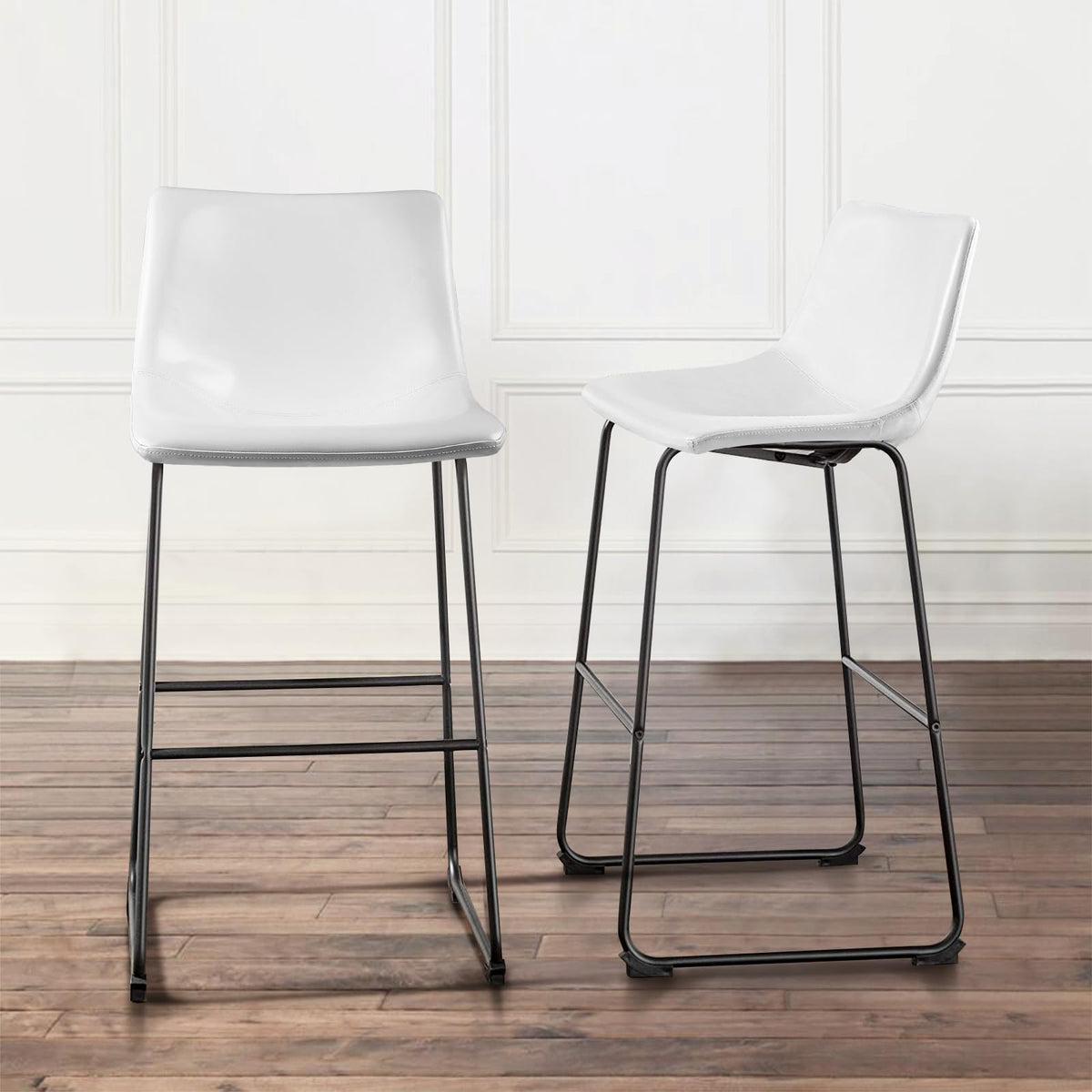 Waleaf 26 Inch Bar Stools Set Of 2,Counter Height Bar Stools With Back, Modern Pu Leather Stools With Metal Leg And Footrest (White, 2 Pcs 30' Counter Height Barstools)