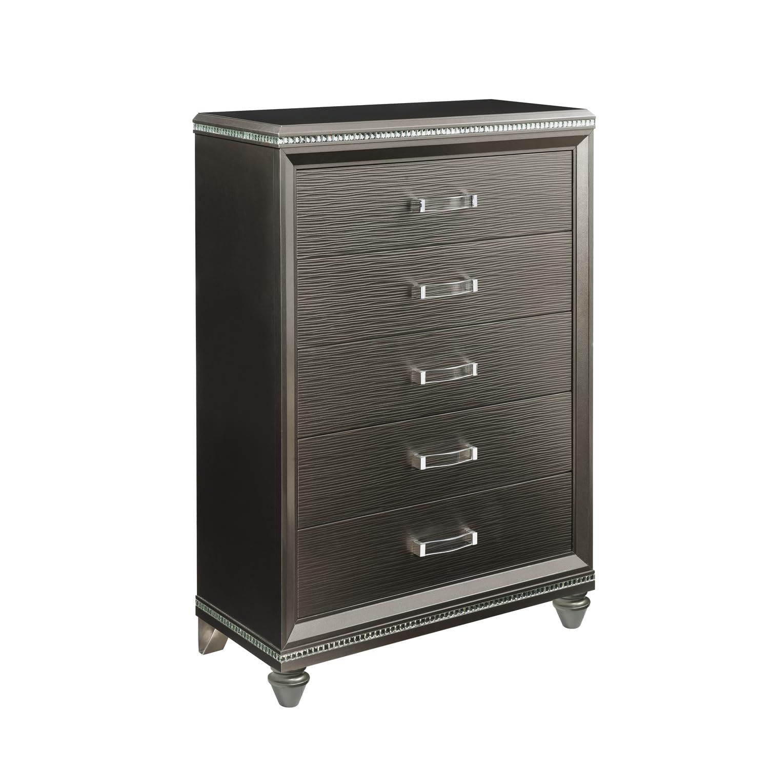 Benjara Contemporary 5 Drawer Wooden Chest with Mirror Trim Details, Brown