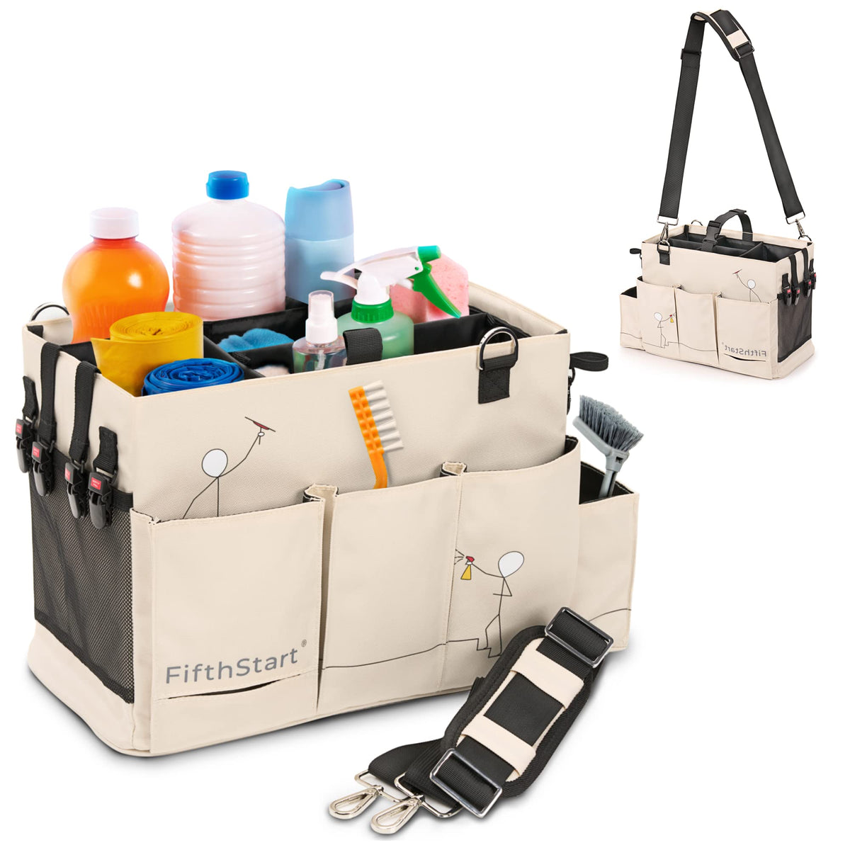 FifthStart Multiuse Cleaning Caddy with Waist & Shoulder Strap - Diaper Caddy - 9 Pockets & Easily Cleaned - Easy Clean Beach ba