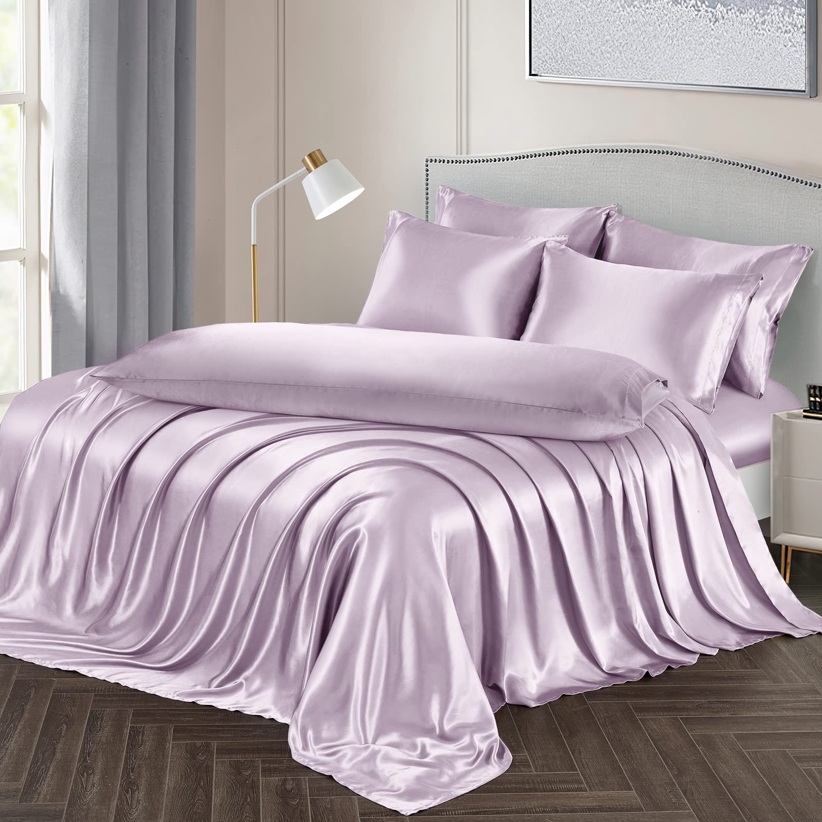 Ersmak 7 Pieces Satin Sheets Set Full Size, Luxury Silky Lavender Satin Bed Sheets Set With 1 Deep Pocket Fitted Sheet, 1 Soft F