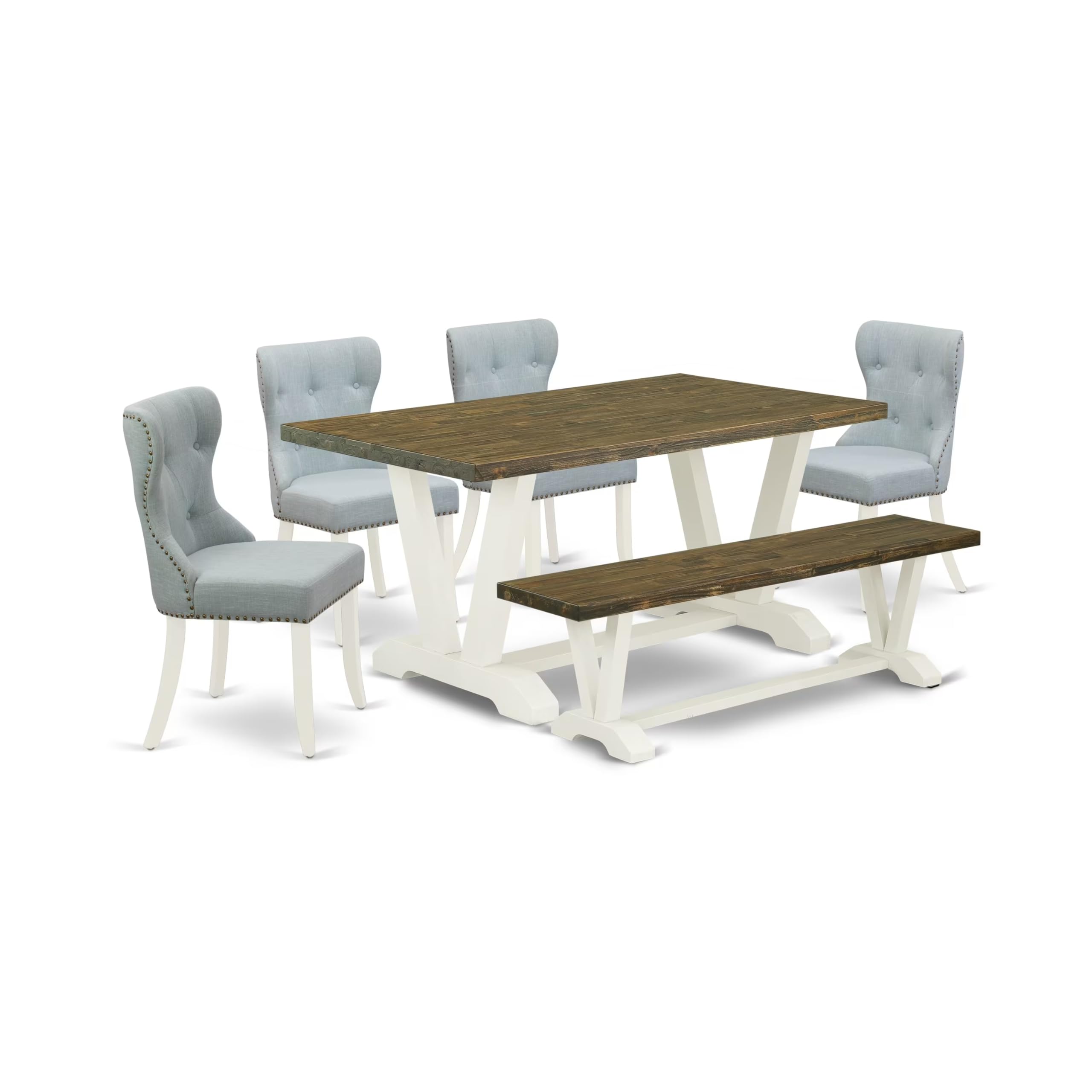 East West Furniture V076Si215-6 6 Piece Dining Table Set Contains A Rectangle Kitchen Table With V-Legs And 4 Baby Blue Linen Fabric Upholstered Chairs With A Bench, 36X60 Inch, Multi-Color