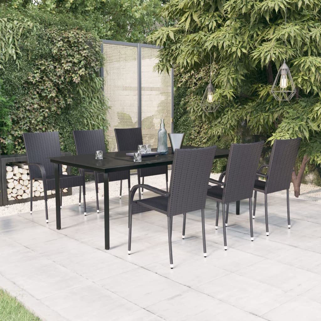 vidaXL 7-Piece Outdoor Patio Dining Set – Black, Powder-Coated Steel, Glass and PE Rattan Material, Easy to Assemble