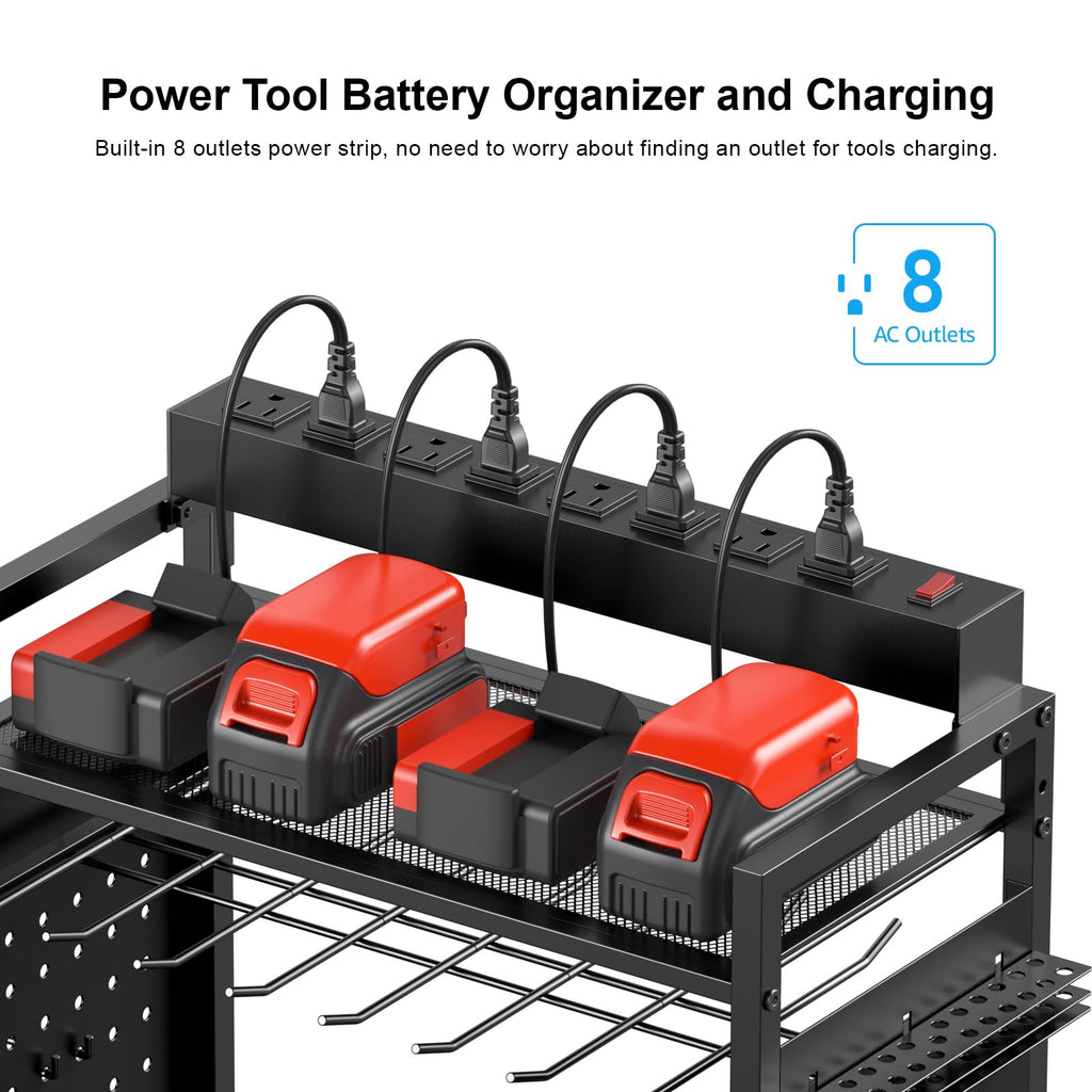 Cccei Garage Power Tools Organizer Cart With Charging Station, Black Floor Standing Rolling Drill And Tools Battery Storage Cart On Wheels. Utility Rack Gift For Men, Husband, Father.