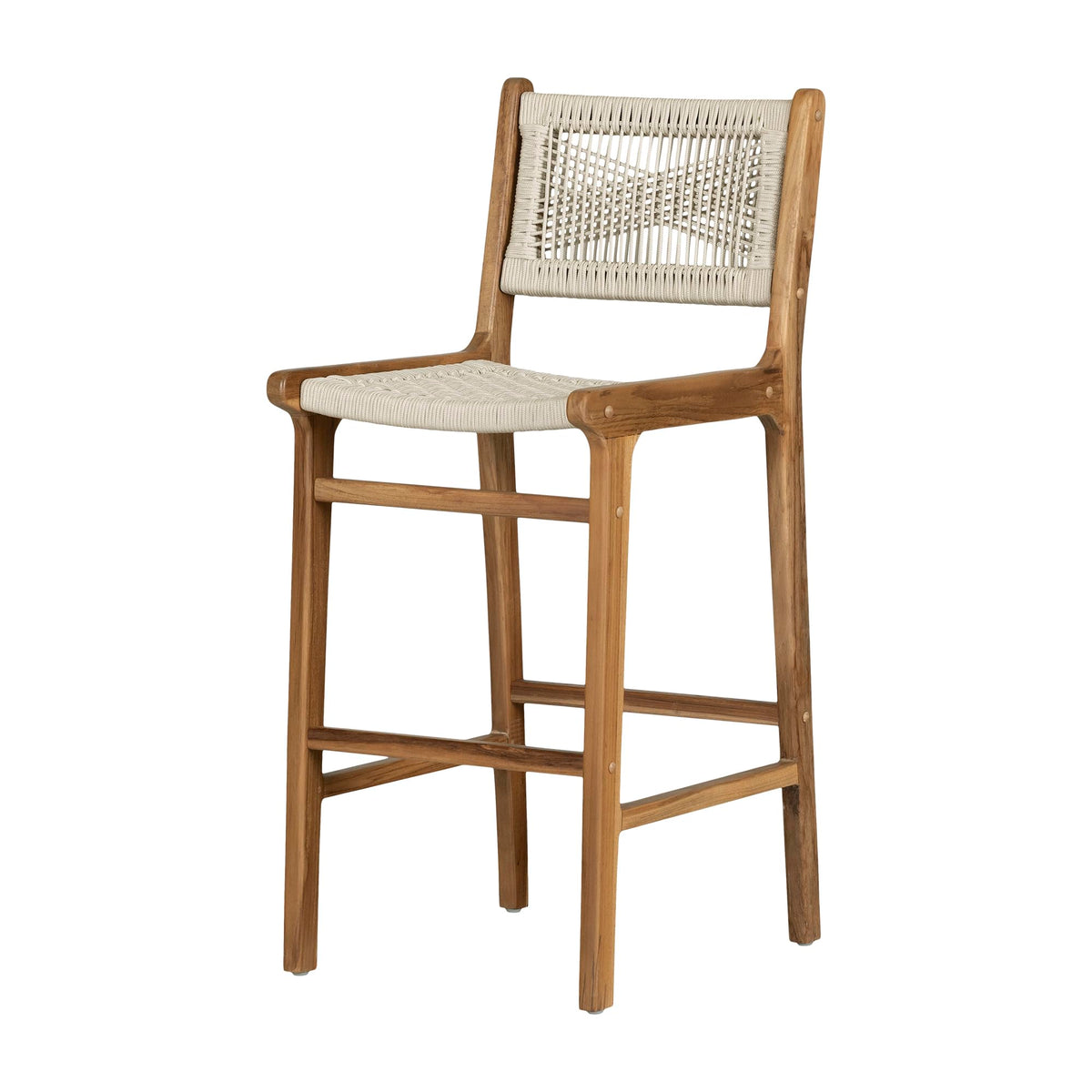 South Shore Balka Teak Wood And Woven Rope Bar Stool, Cream And Natural