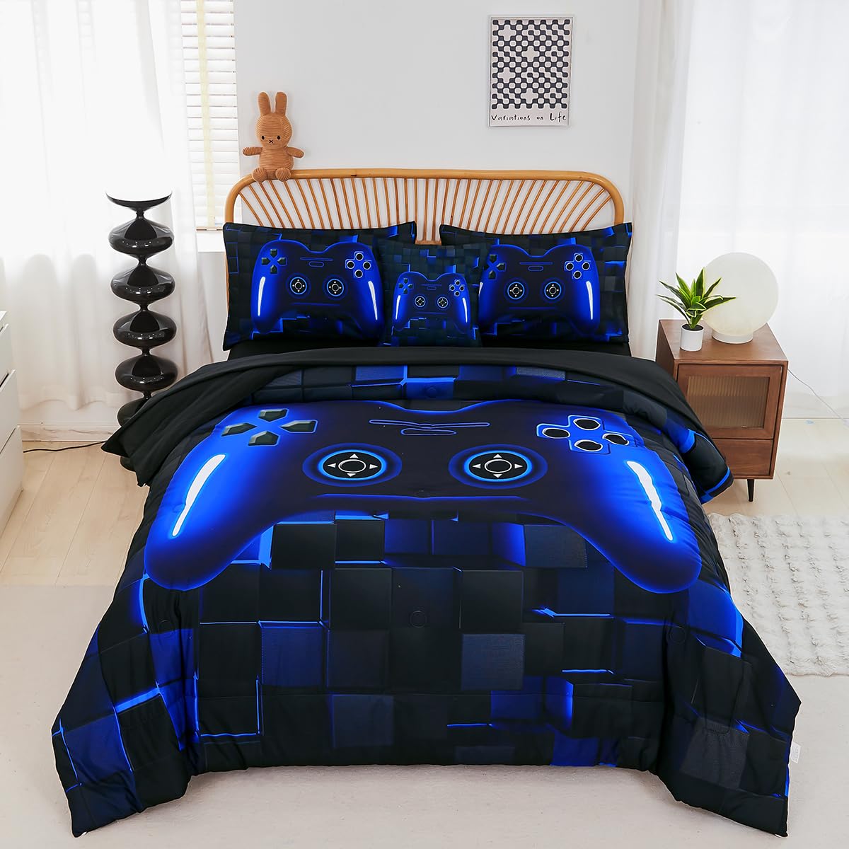 Perfemet 6 Pieces Gamer Comforter Sets Kids Queen Size Blue Gamer Comforter Bed In A Bag For Boys Teen 3D Cool Video Gaming Blac
