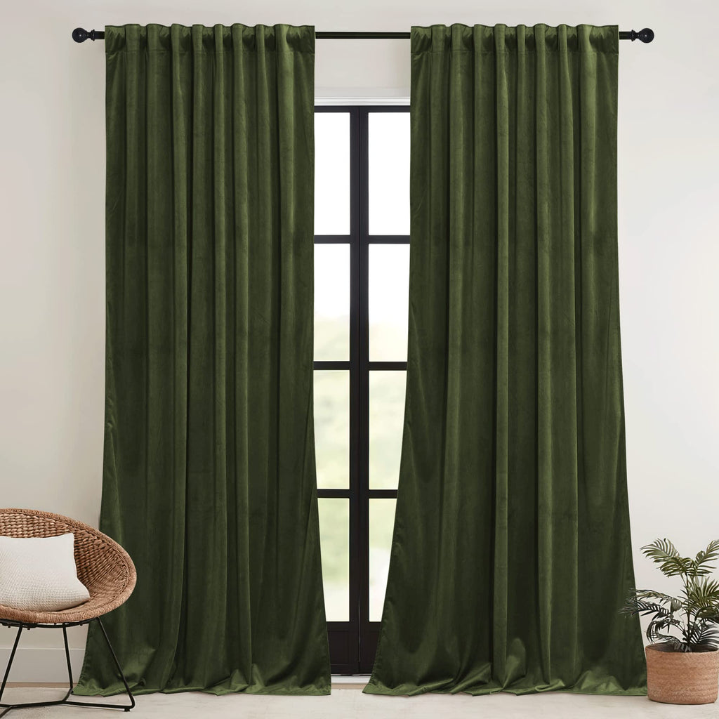 Ryb Home Green Velvet Curtains 108 Inch, Solid Room Darkening Window Curtains For Living Room Light & Draft Block Privacy Backdrop With Pleat Tape Pocket& Tabs, Olive Green, W52 X L108 Inch, 2 Panels
