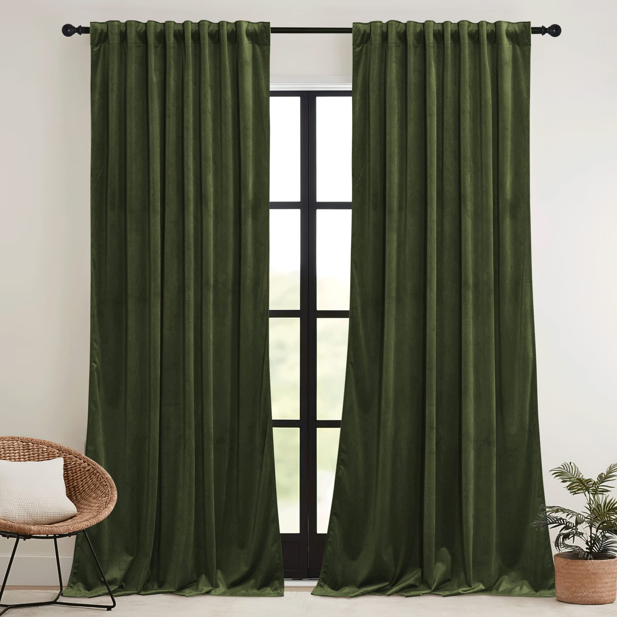 Ryb Home Green Velvet Curtains 108 Inch, Solid Room Darkening Window Curtains For Living Room Light & Draft Block Privacy Backdrop With Pleat Tape Pocket& Tabs, Olive Green, W52 X L108 Inch, 2 Panels