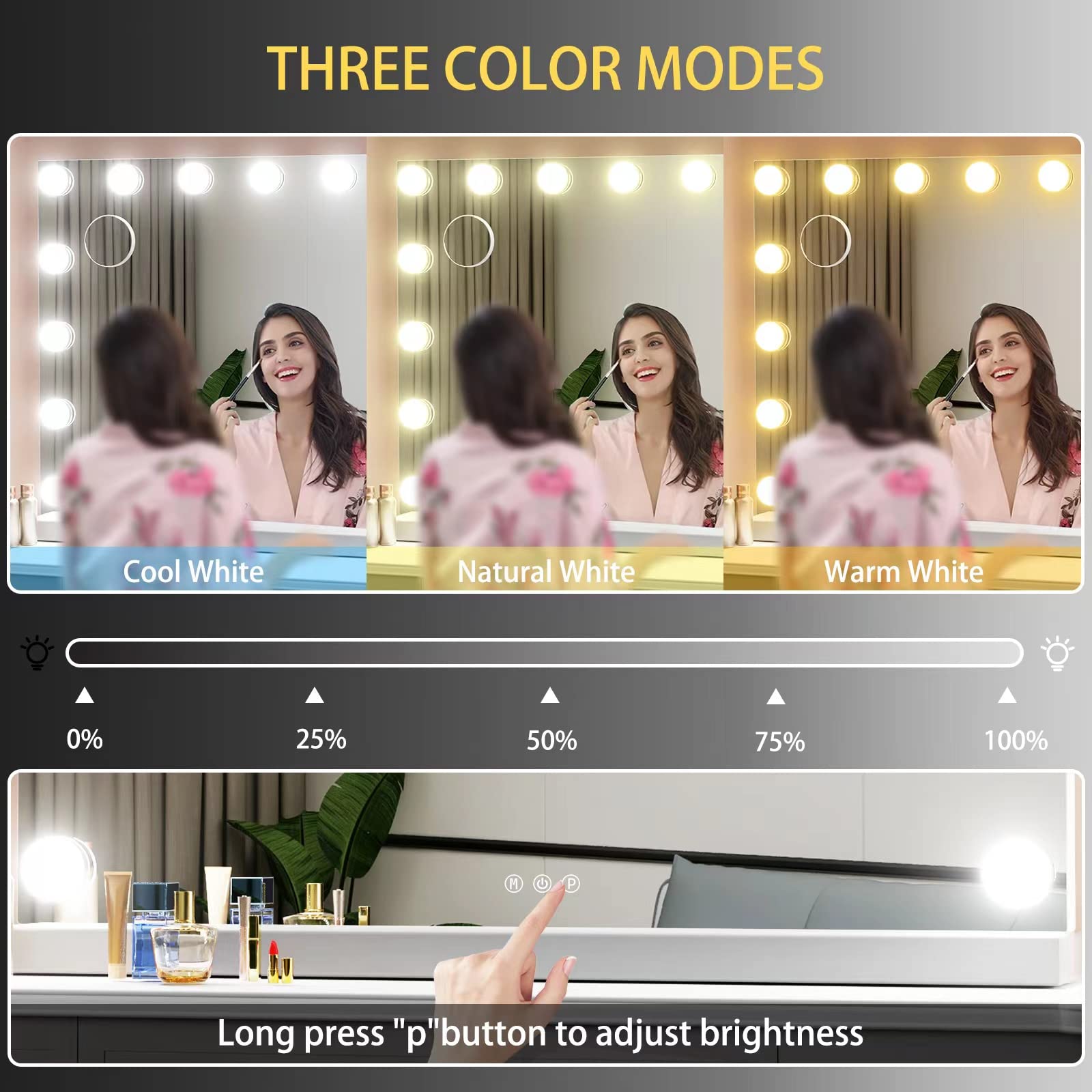 Gvnkvn 22.8 X 18.2 Vanity Makeup Mirror With Lights, 10X Magnification,Large Hollywood Lighted Vanity Mirror With 15 Dimmable Le