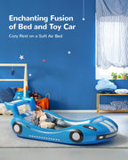 QPAU Inflatable Toddler Travel Bed Race Car Blue PVC with Sides Hand Pump Included