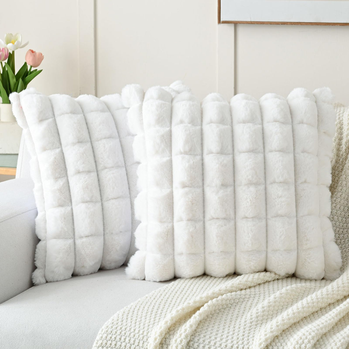 Futei Cream White Decorative Throw Pillow Covers 20X20 Inch Set Of 2, Square Soft Faux Rabbit Fur Big Plaid Cushion Cover,Home D