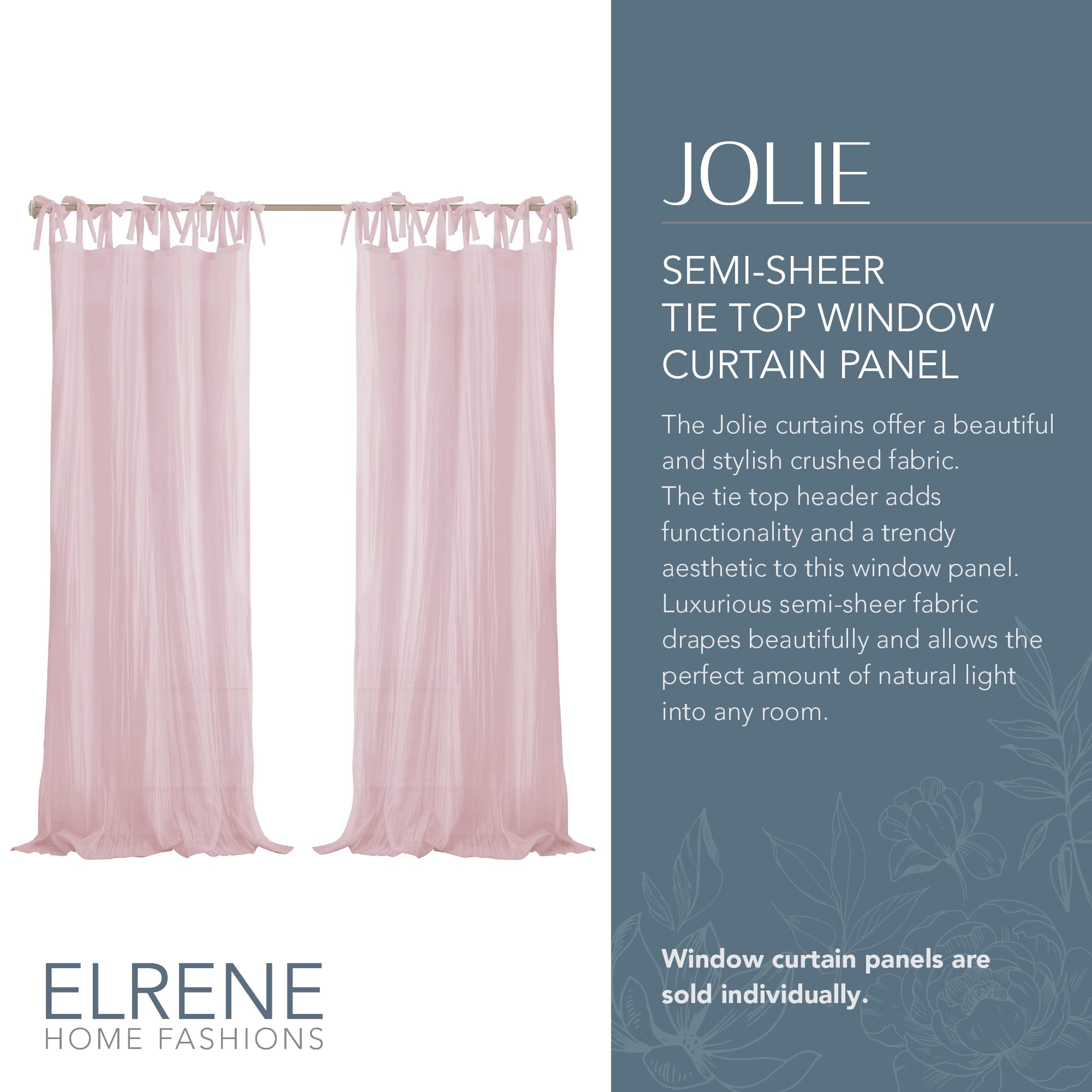 Elrene Home Fashions Jolie Crushed Semi-Sheer Window Curtain, Adjustable Tie-Top Single Panel, 52'' X 84'' (1 Panel), Blush