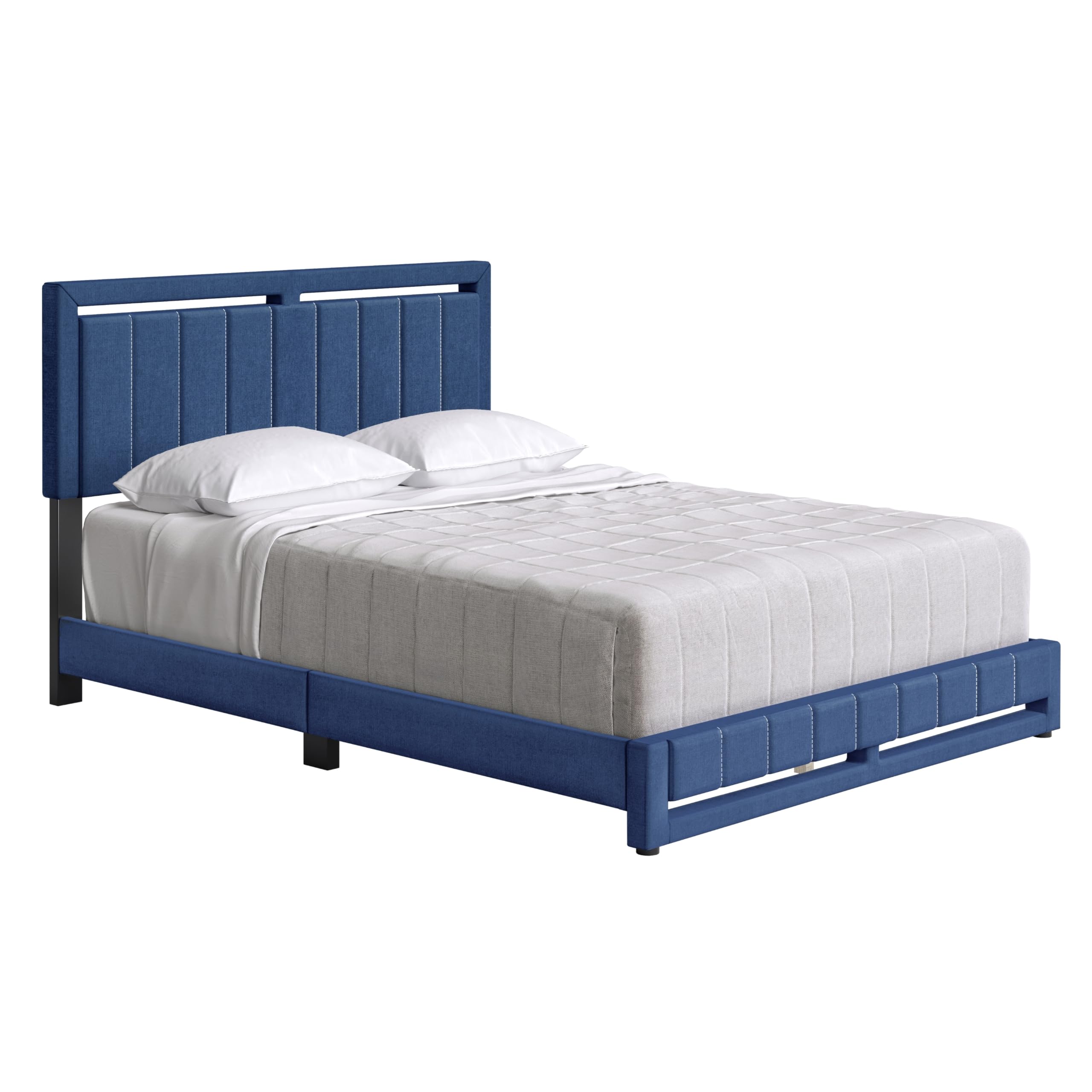 Boyd Sleep Beaumont Upholstered Platform Bed with Headboard, Mattress Foundation with Strong 14 Wood Slat Supports, No Box Spring Required, Blue Linen, Size King