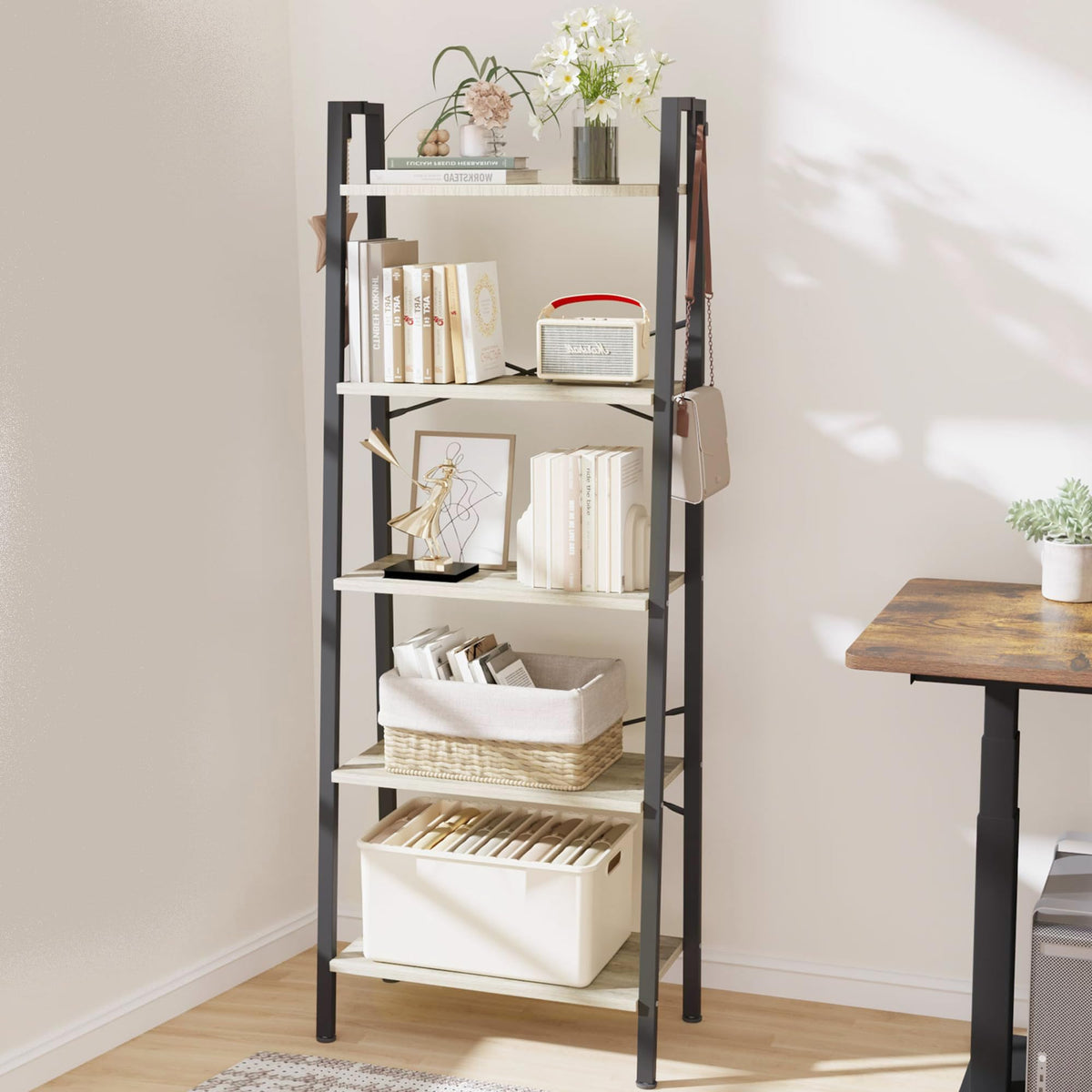 Hzuaneri Ladder Shelf, Bookshelf Bookcase, Freestanding Corner Storage Shelve With 2 Hooks For Home Office, Living Room, Kitchen, Bedroom, Industrial, 5-Tier Greige Bc19305B