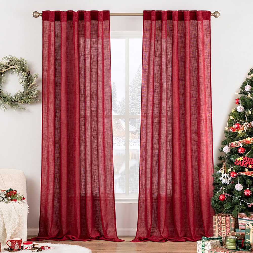 Miulee Burgundy Red Linen Curtains 120 Inches Long For Bedroom Living Room, Soft Thick Linen Textured Window Drapes Semi Sheer L
