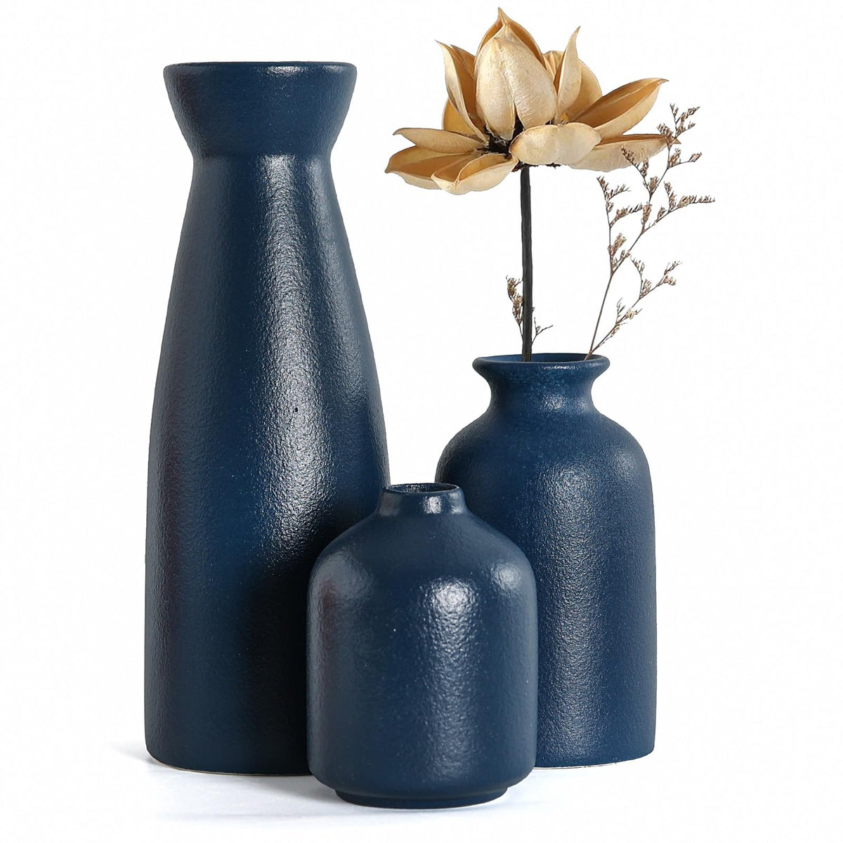 CEMABT Ceramic Blue Vases Set of 3 Small Flower Vases for Decor, Modern Rustic Farmhouse Home Decor, Decorative Vases for Pampas