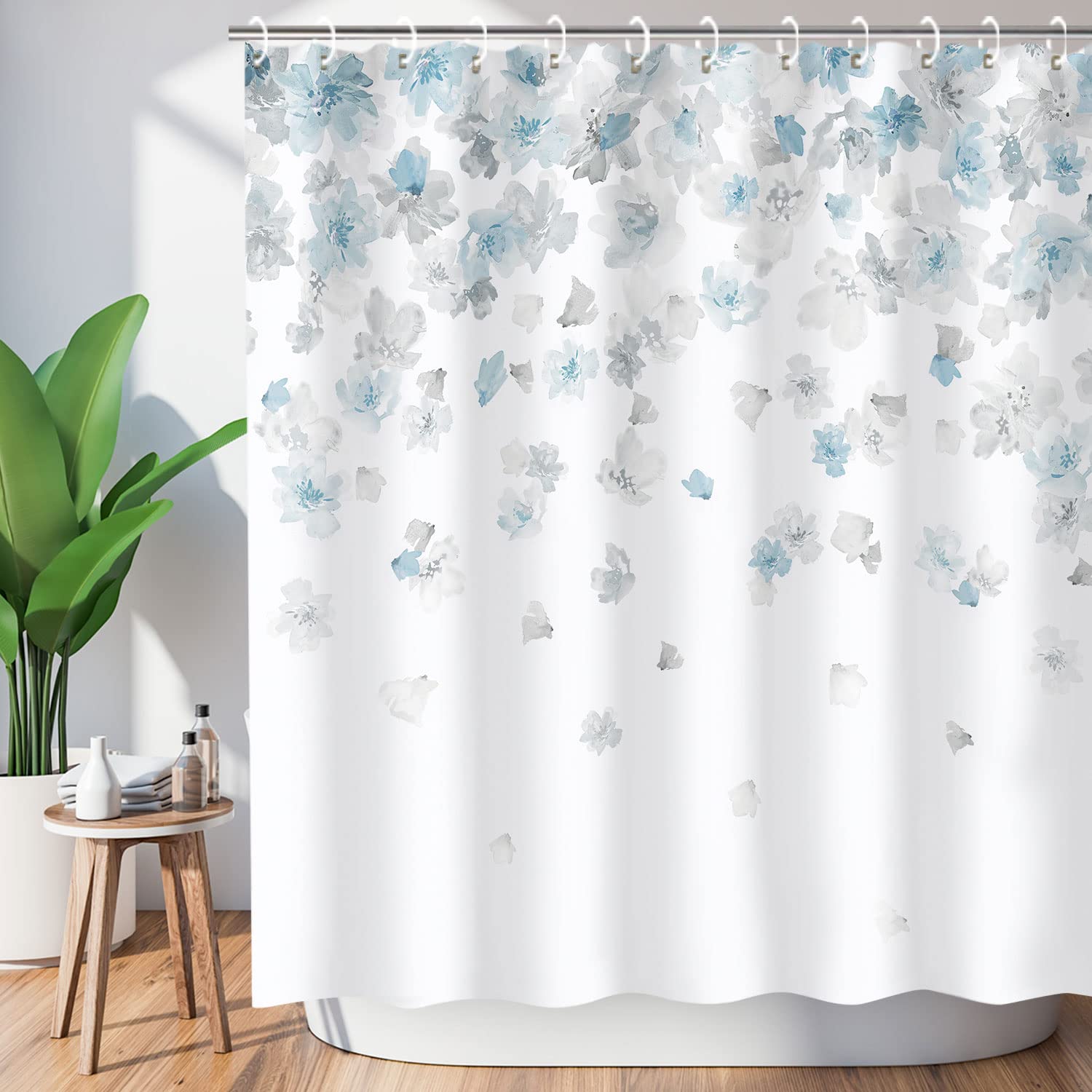 LIVILAN Floral Shower Curtain, Blue and Gray Shower Curtain, Weeping Flower Shower Curtain with 12 Hooks Light Blue Simple Showe
