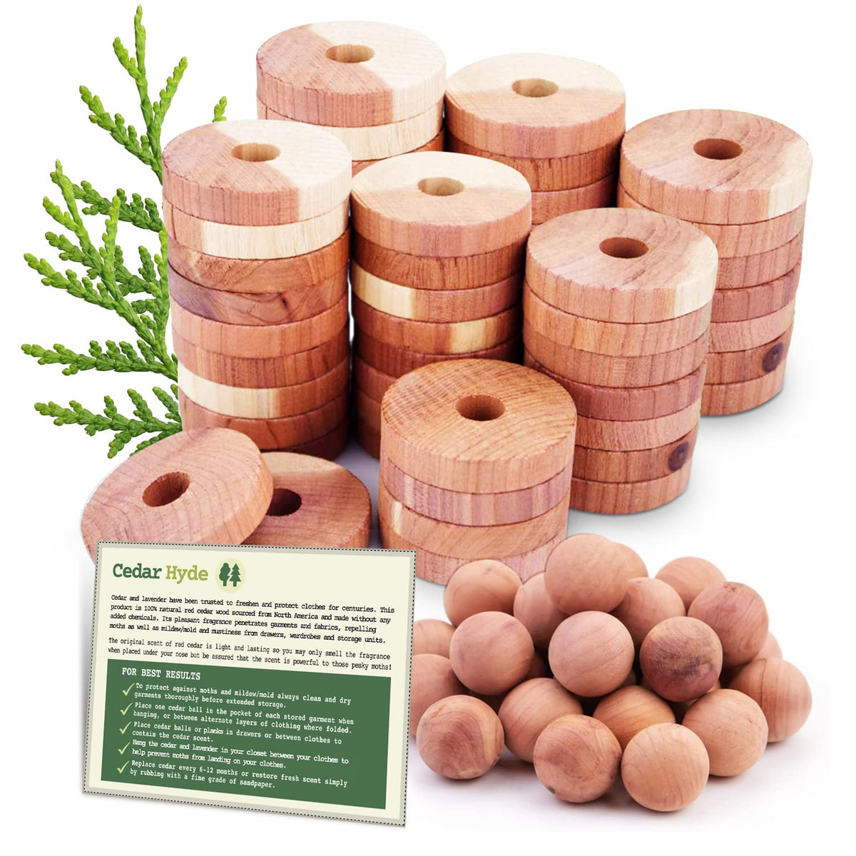 Cedar Hyde Cedar Blocks for Clothes Storage | Cedar Balls & Cedar Rings | Dresser Drawer Freshener Odor Eliminator | 40 Pieces, 