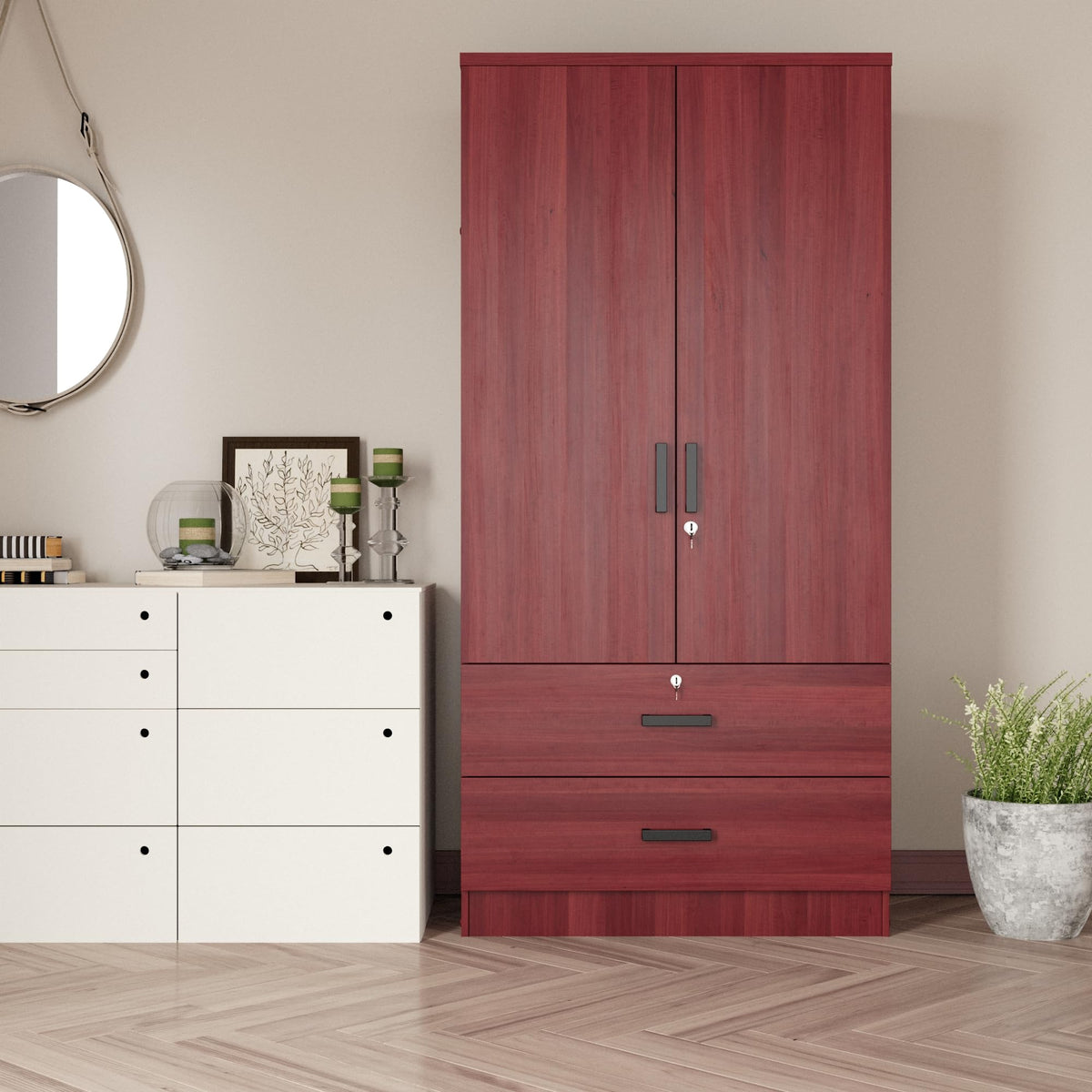 Better Home Products Grace Wood 2-Door Wardrobe Armoire With 2-Drawers (Mahogany), Large