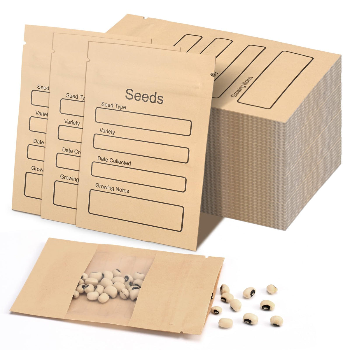 100 Pack Small Resealable Seed Envelopes With Clear Window, 3.15 X 4.72 Inch Brown Kraft Paper Seed Packets Envelopes With Prepr