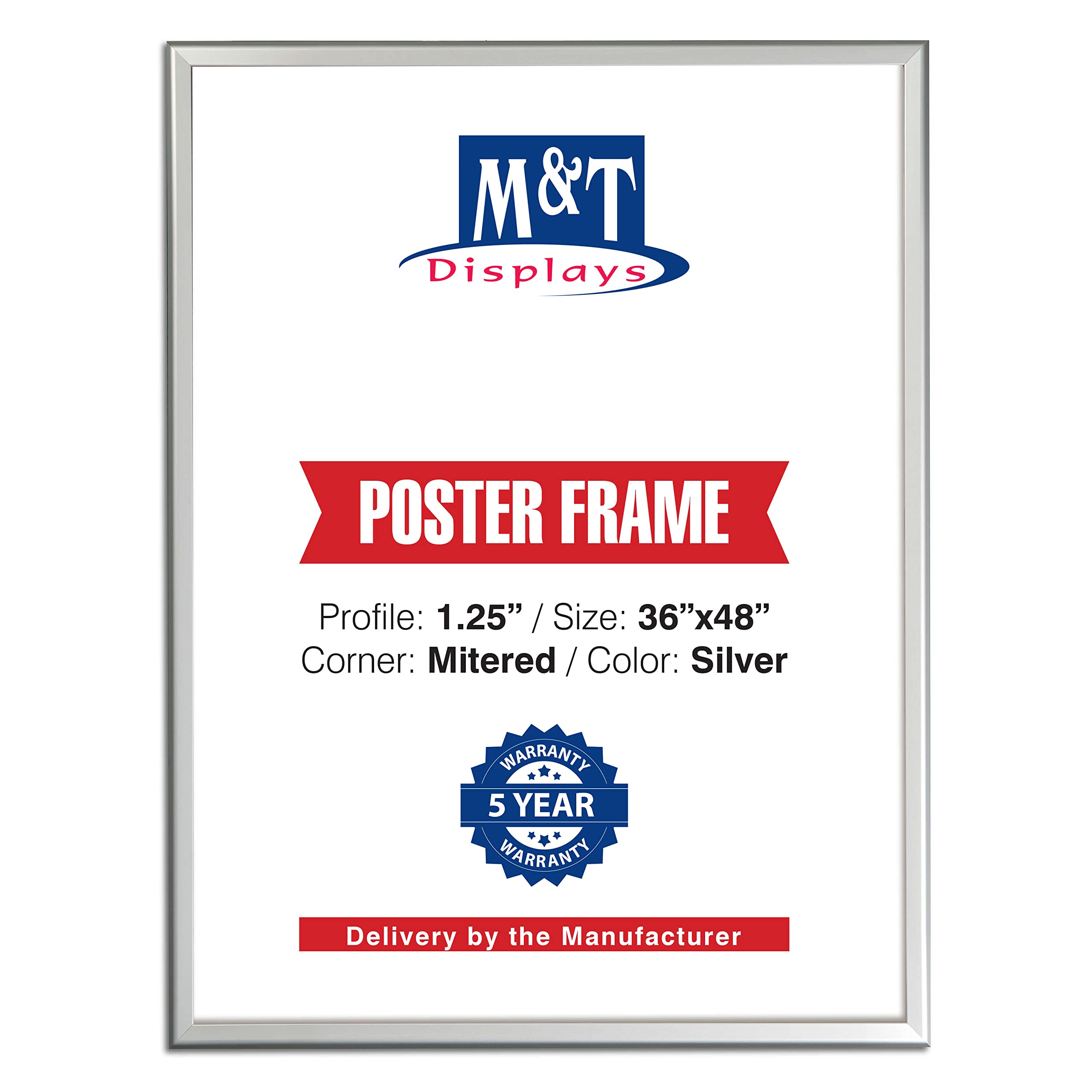 M&T Displays Snap Poster Frame 36X48 Inch Silver 1.25' Aluminum Profile Front Loading Wall Mounting Photo Picture Document Cert