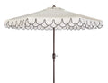 SAFAVIEH 9ft Outdoor Patio Umbrella, Round, Valance, Ivory & Black Trim, Auto Crank Tilt, UV Resistant for Deck, Backyard, Pools