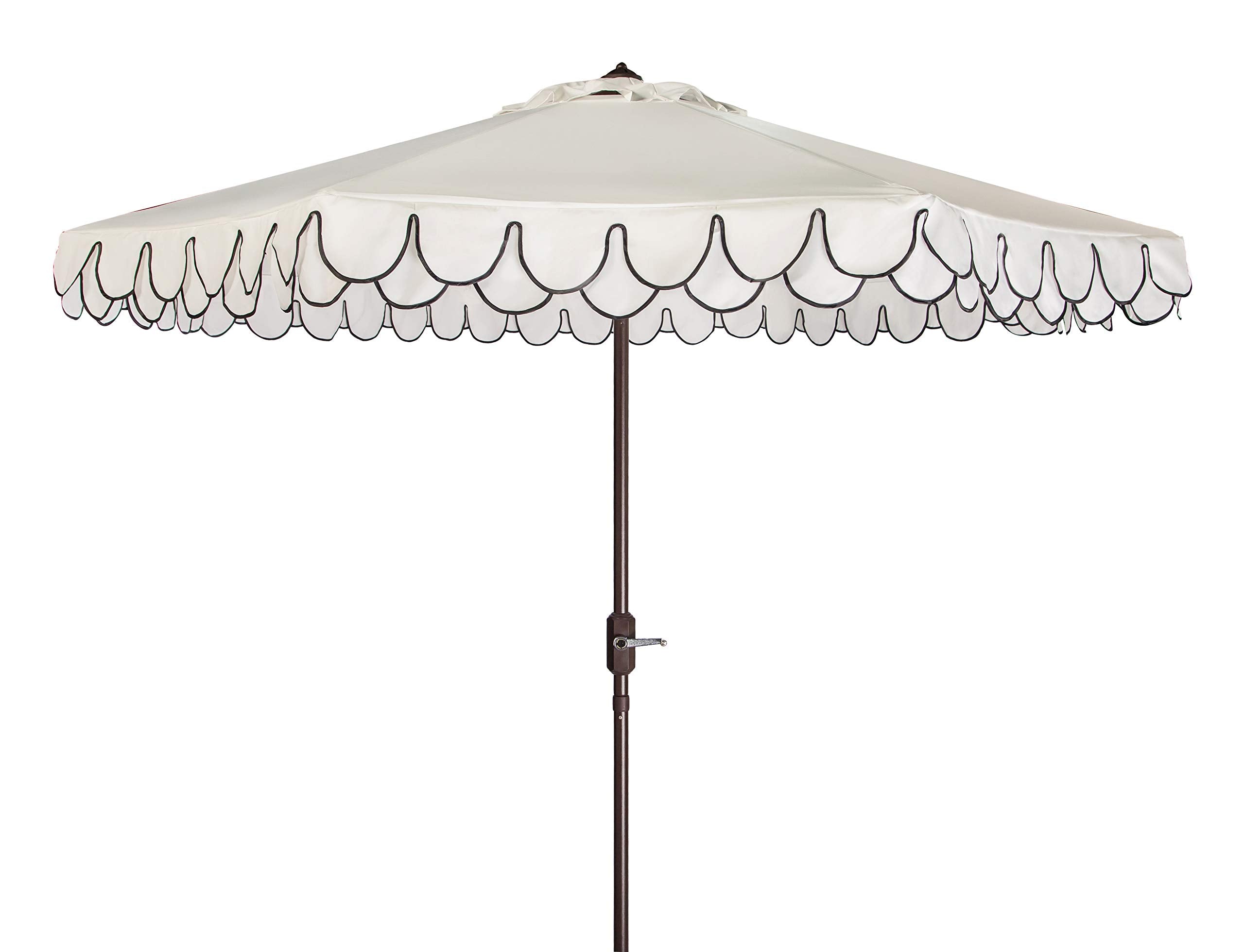 SAFAVIEH 9ft Outdoor Patio Umbrella, Round, Valance, Ivory & Black Trim, Auto Crank Tilt, UV Resistant for Deck, Backyard, Pools