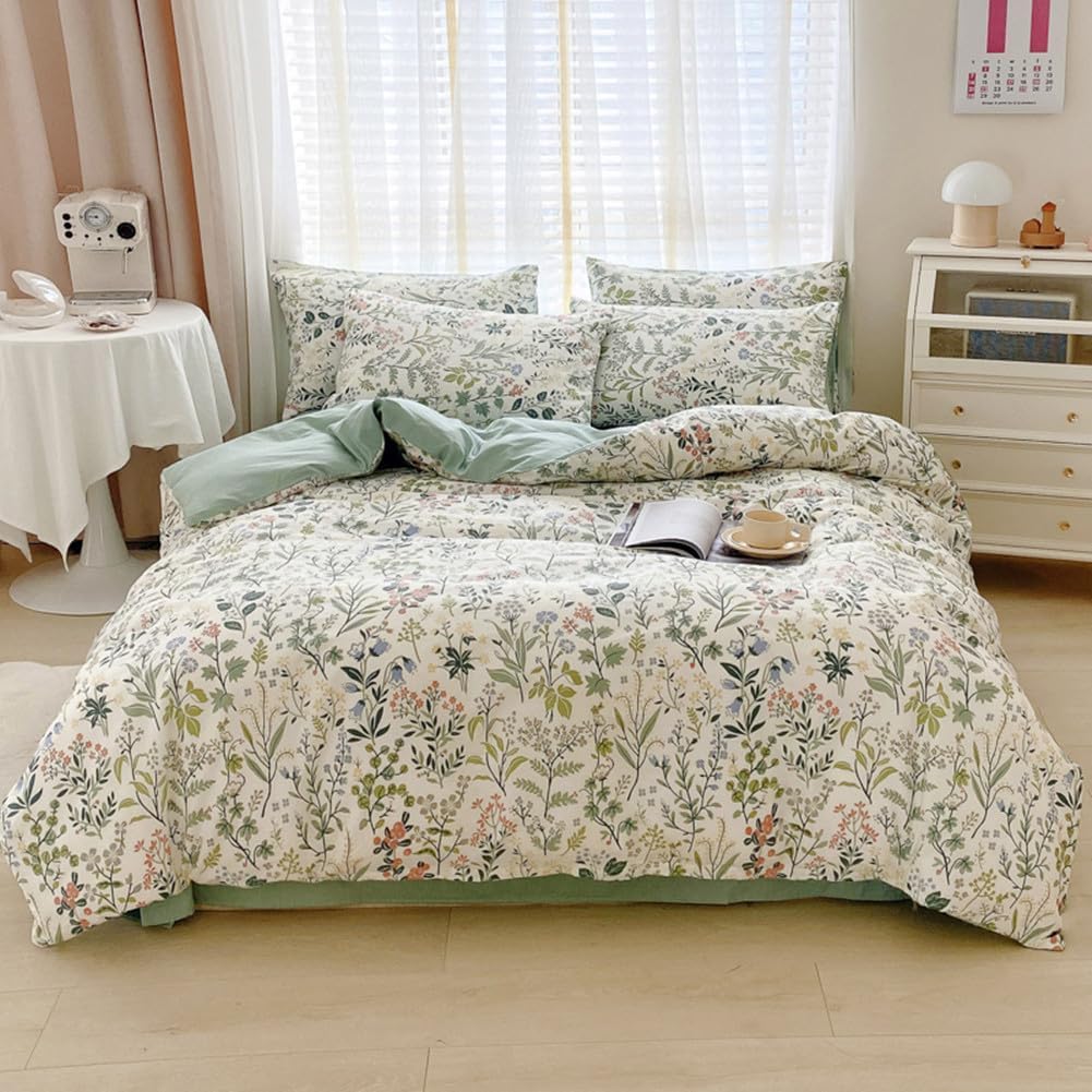 Sage Green Floral Duvet Cover Queen Size Comforter Cover Cotton Floral Cottagecore Bedding Sets Queen Vintage Boho Flower Comfor