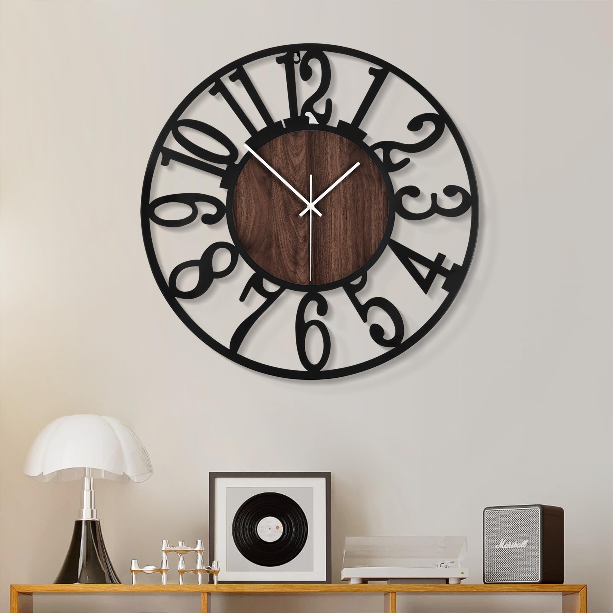Wall Clock for Living Room Decor- Decorative Antique 16 inches or Larger Silent Non Ticking Black Metal Wood Clocks for Farmhous