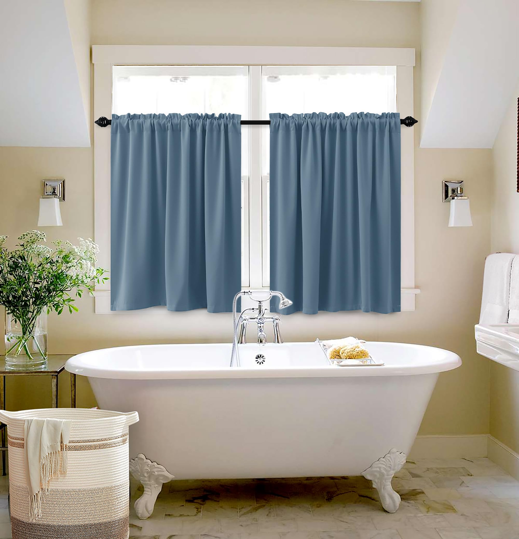 Koufall Blue Kitchen Window Curtains Over Sink,Small Blackout Short Rustic Farmhouse Dining Room Curtains 36 Inch Length,Gray Stone Blue