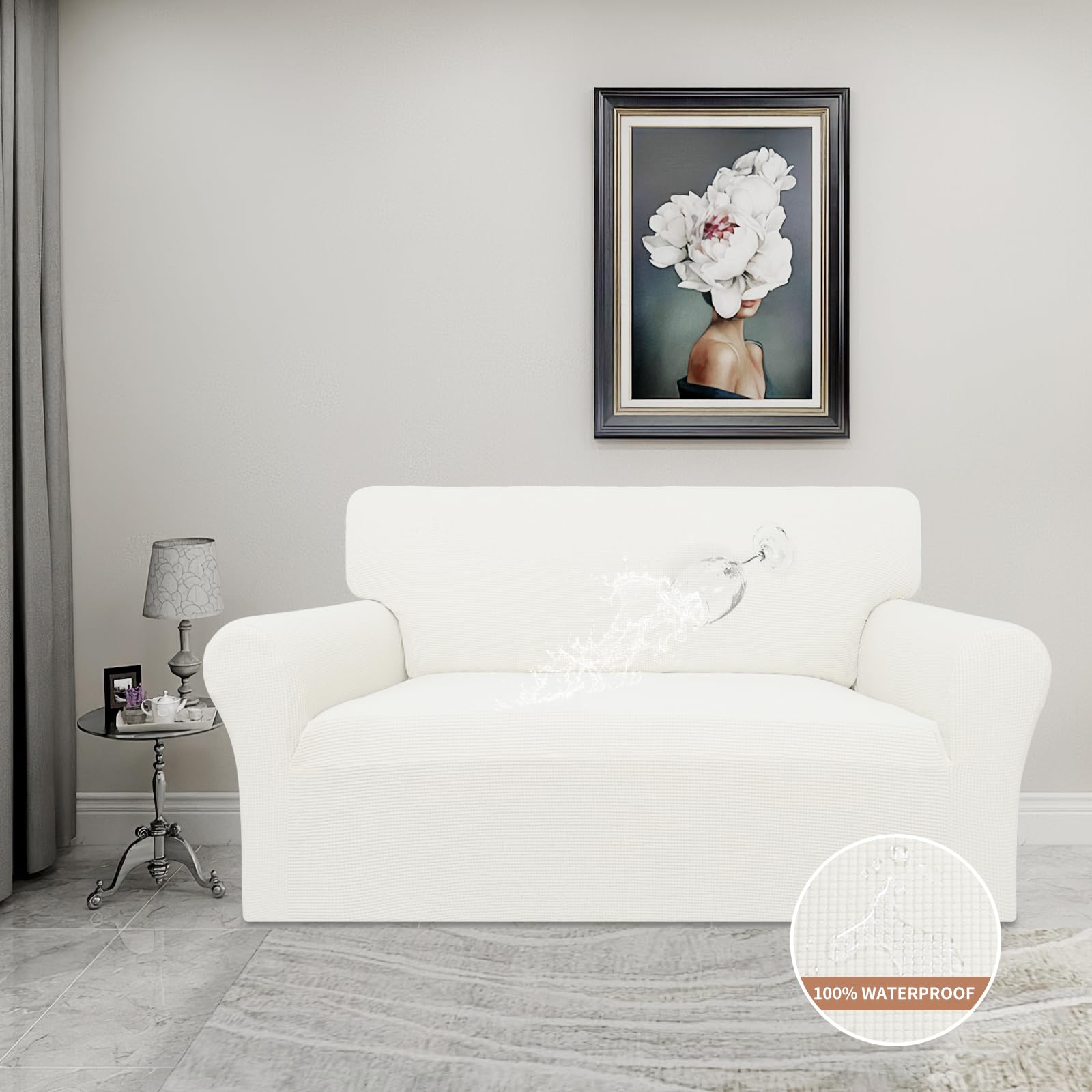 Easy-Going 100% Waterproof Oversized Loveseat Couch Cover, Dual Waterproof Sofa Cover, Stretch Jacquard Sofa Slipcover, Leakproof Furniture Protector For Kids, Pets, Dog And Cat, Cream