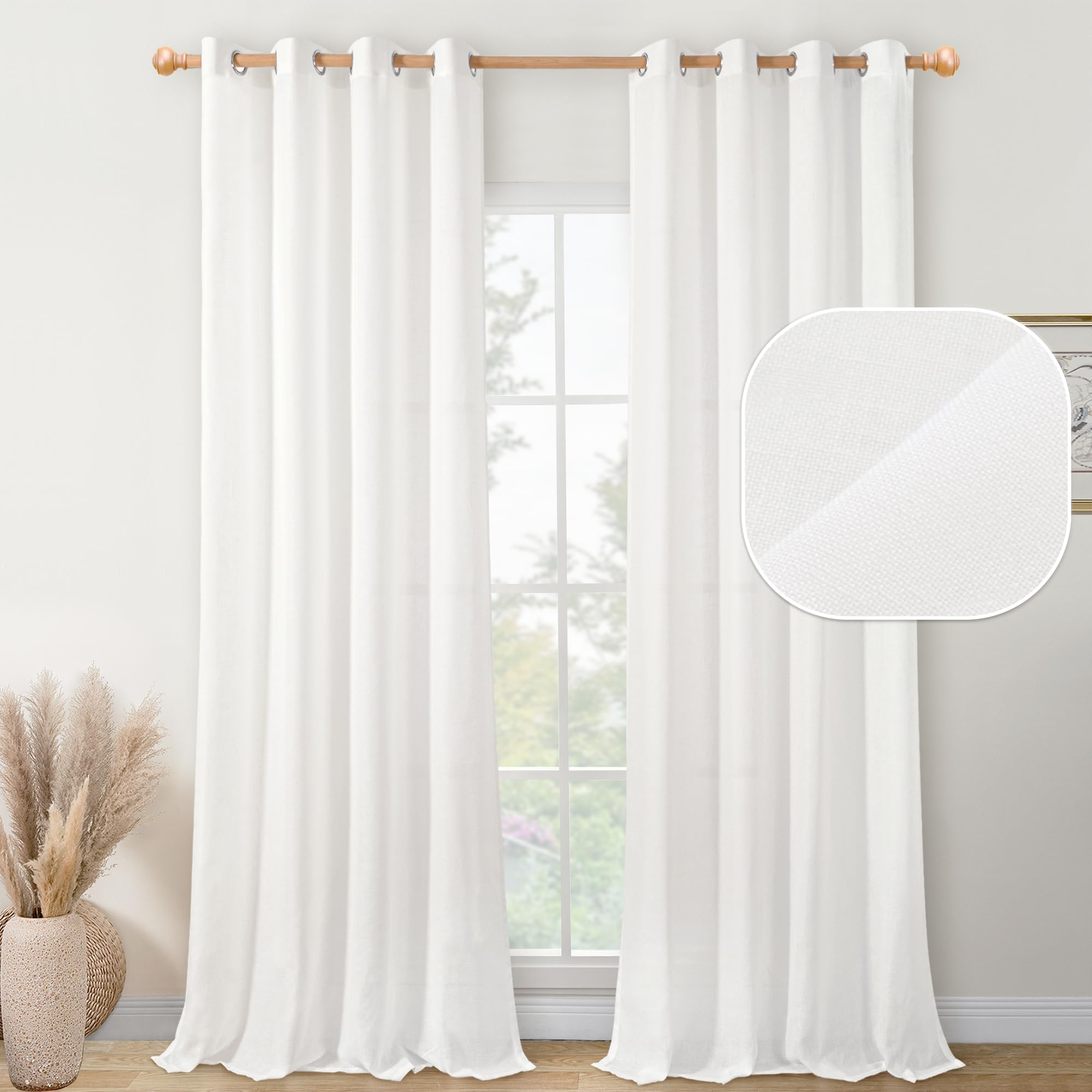 YoungsTex White Linen Sheer Curtains 95 Inch Long 2 Panels for Living Room Light Filtering Textured Drapes Lightweight for Bedro