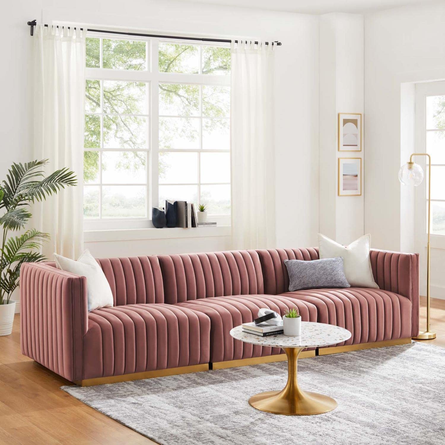 Modway Conjure Channel Tufted Performance Velvet Sofa In Gold/Dusty Rose