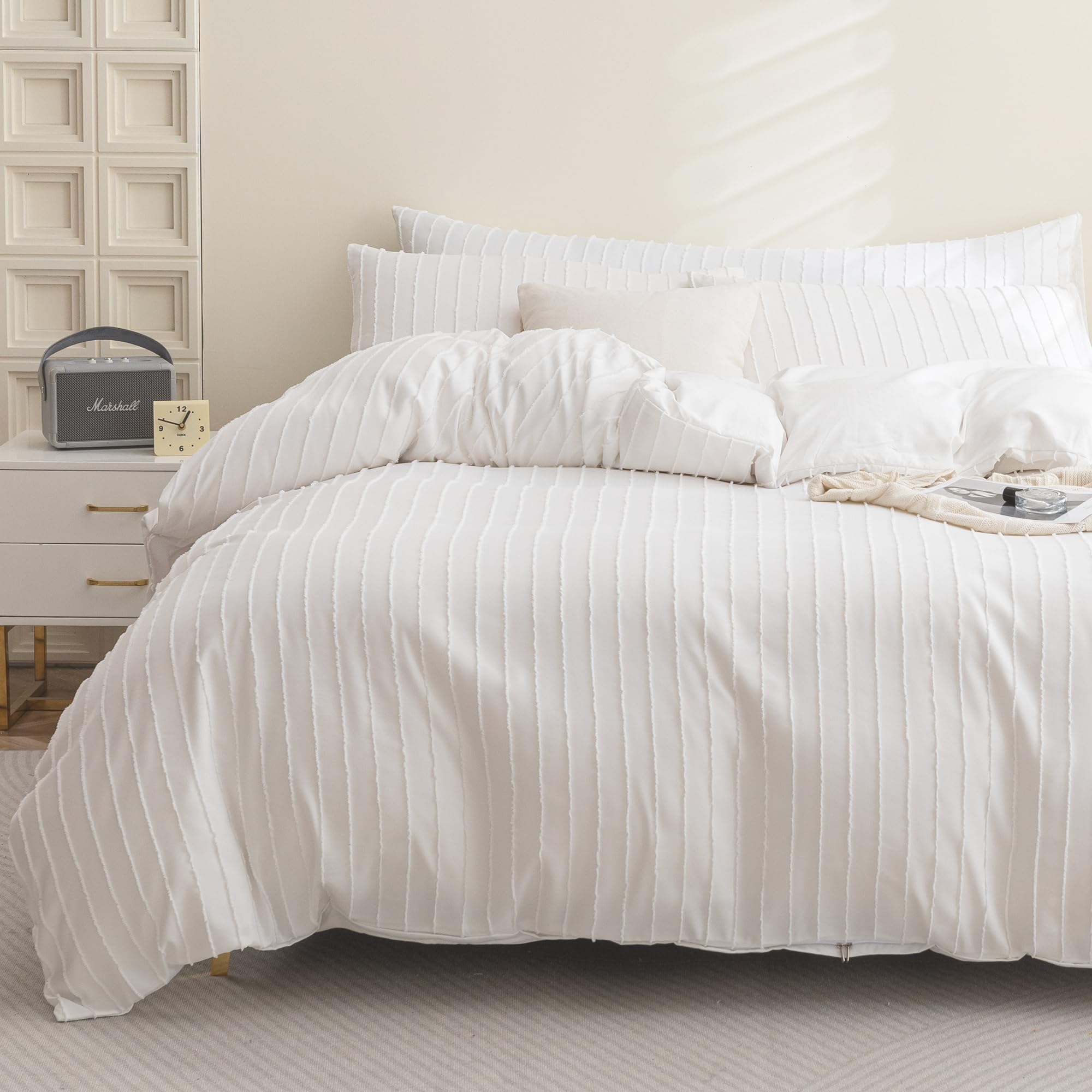 Jellymoni White Duvet Cover Queen Size - 3Pcs Microfiber Boho Striped Tufted Textured Duvet Cover With Corner Ties & Zipper Clos