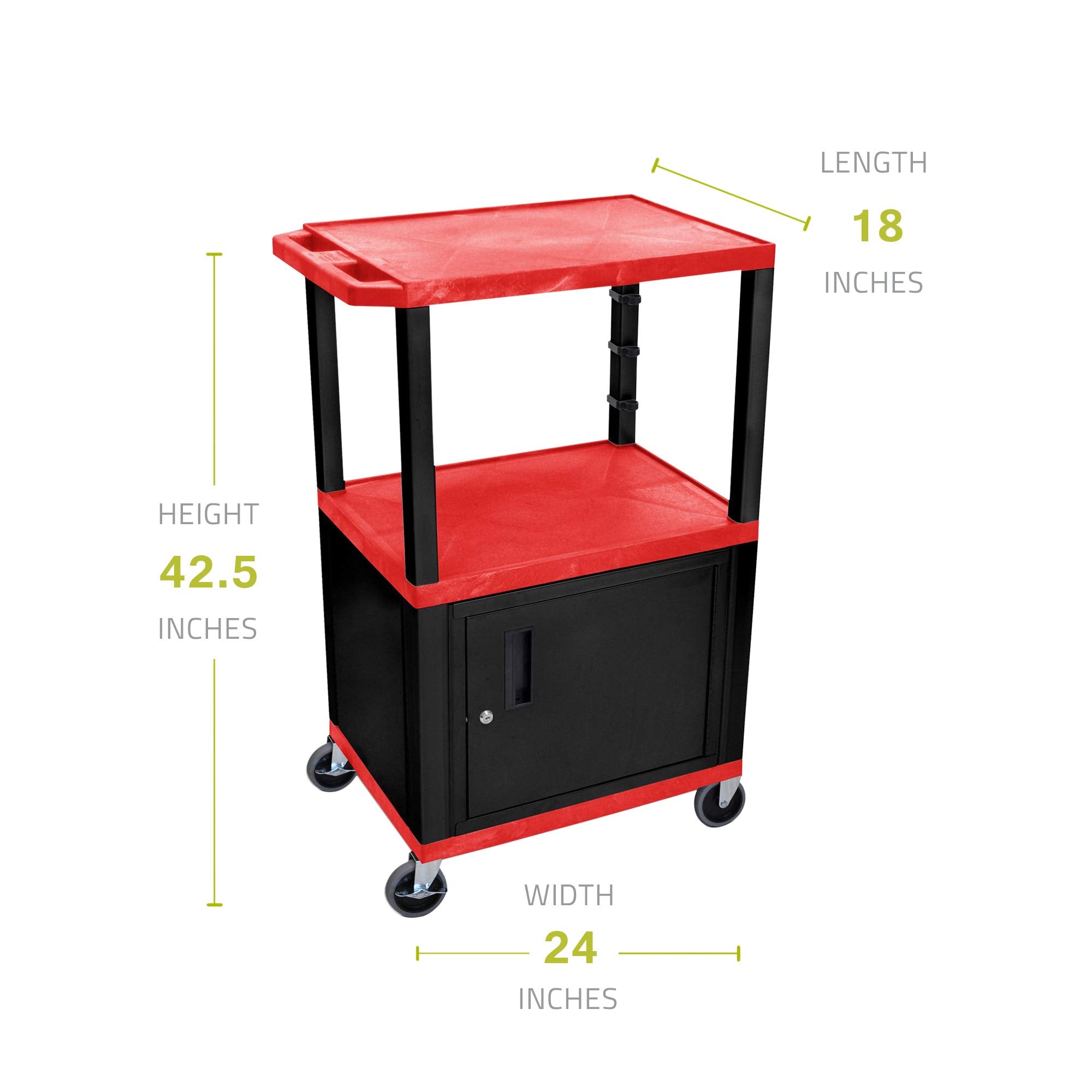 Luxor Multipurpose 42'H Red Audio Video Utility Cart With 3 Shelves, Cabinet - Black Legs