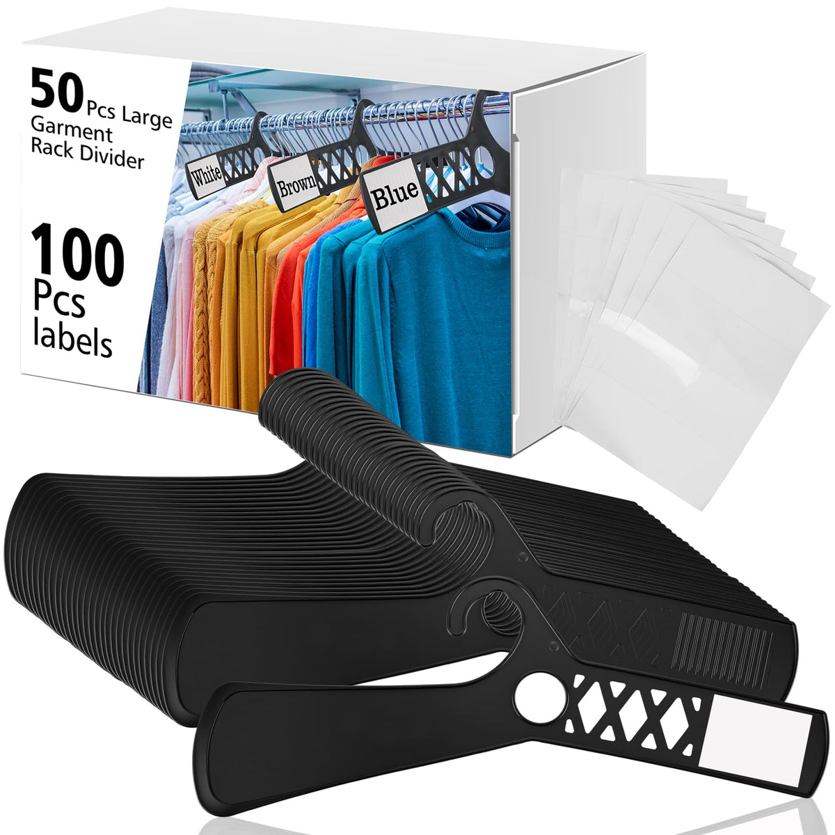 DoubleFill 50 Pcs Large Closet Dividers and White Blank Cards, Black