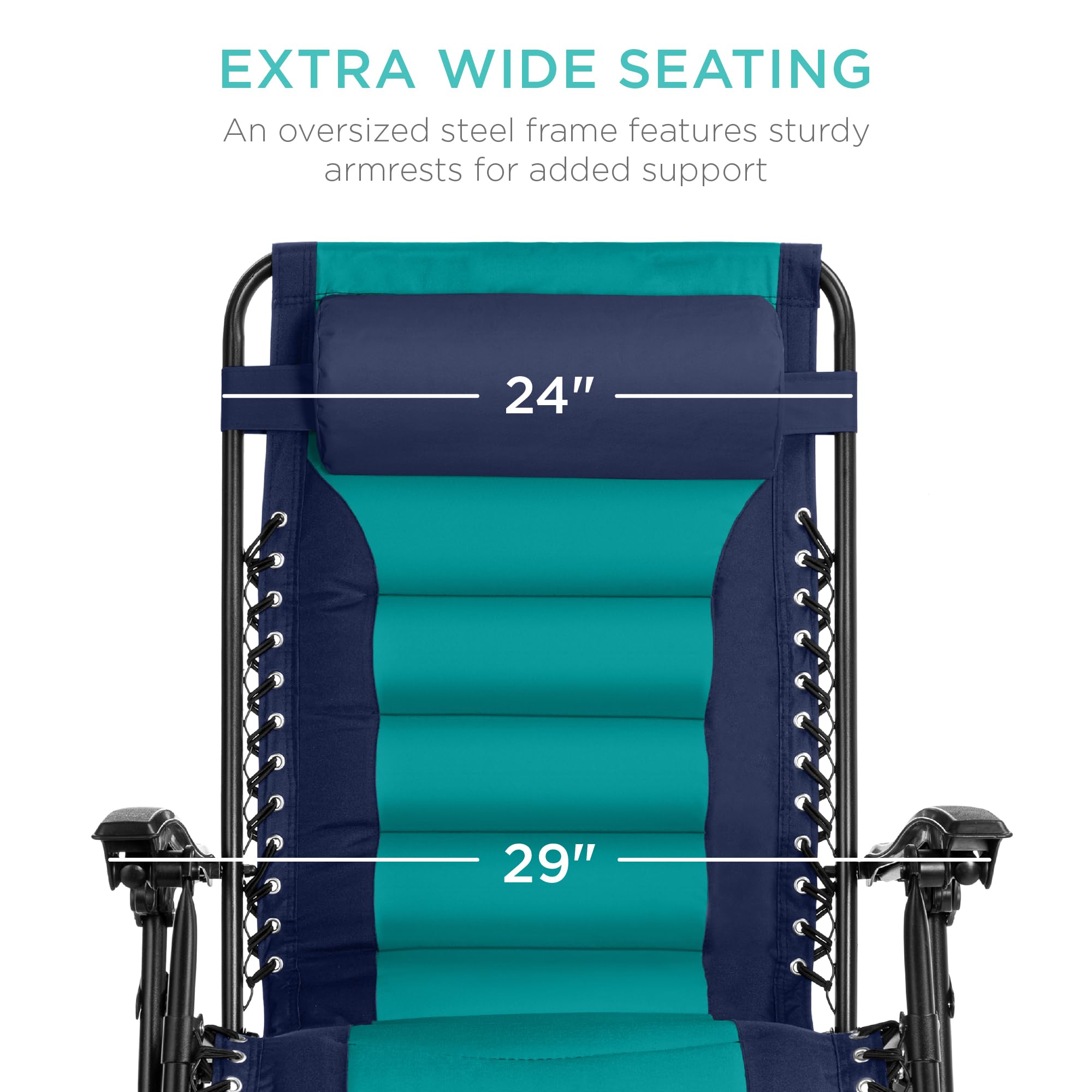 Best Choice Products Oversized Padded Zero Gravity Chair, Folding Outdoor Patio Recliner, Xl Anti Gravity Lounger For Backyard W/Headrest, Cup Holder, Side Tray, Polyester Mesh - Navy/Teal