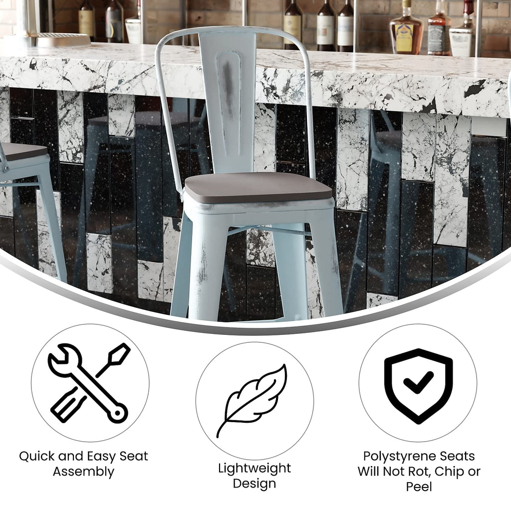 Flash Furniture Carly Commercial Grade 30&Quot; High Green-Blue Metal Indoor-Outdoor Bar Height Stool With Back And Gray Polystyrene Seat