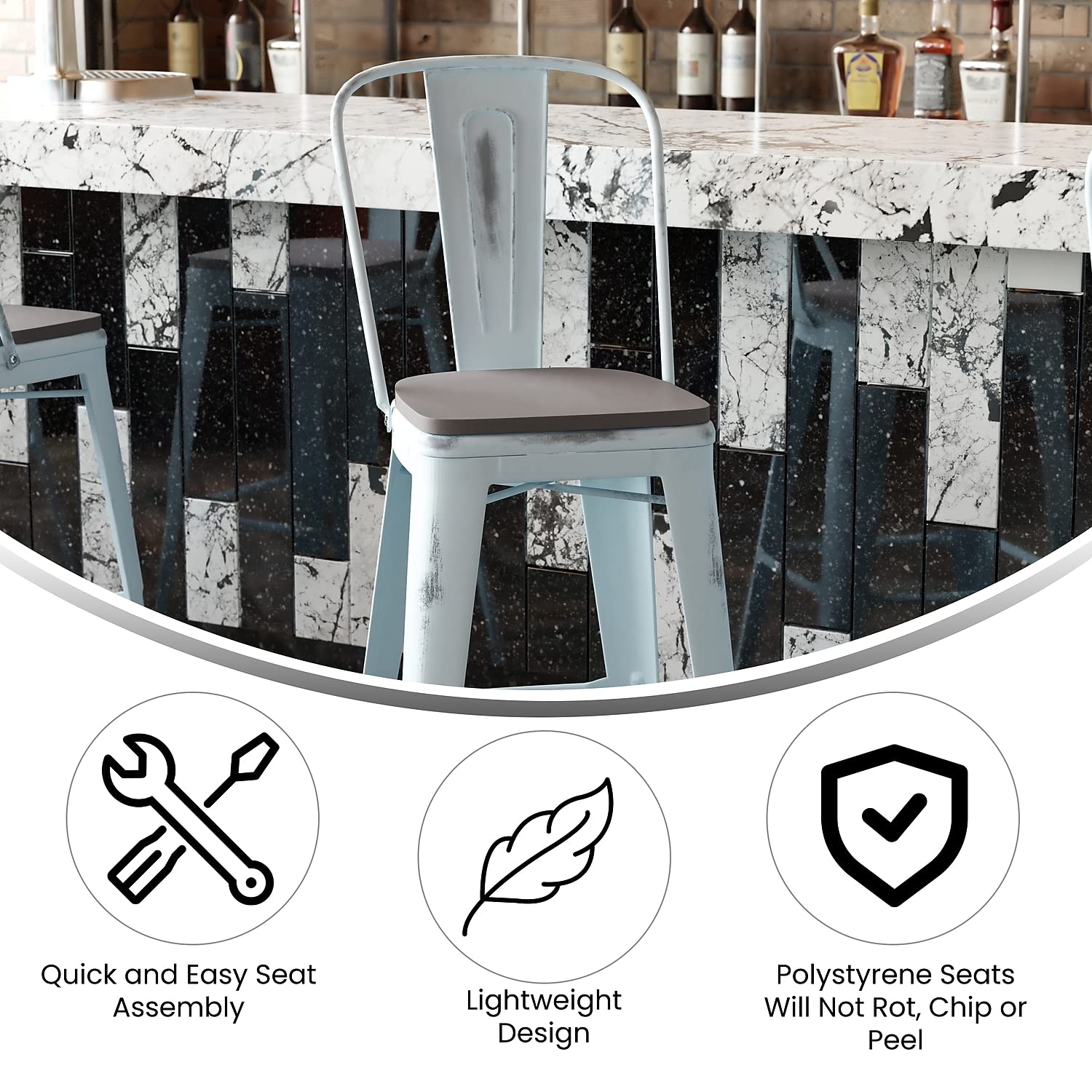 Flash Furniture Carly Commercial Grade 30&Quot; High Green-Blue Metal Indoor-Outdoor Bar Height Stool With Back And Gray Polystyrene Seat