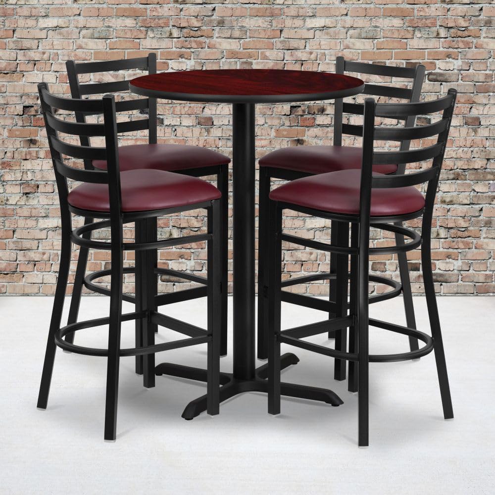 Flash Furniture 30'' Round Mahogany Laminate Table Set with X-Base and 4 Ladder Back Metal Barstools - Burgundy Vinyl Seat