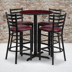 Flash Furniture 30'' Round Mahogany Laminate Table Set with X-Base and 4 Ladder Back Metal Barstools - Burgundy Vinyl Seat