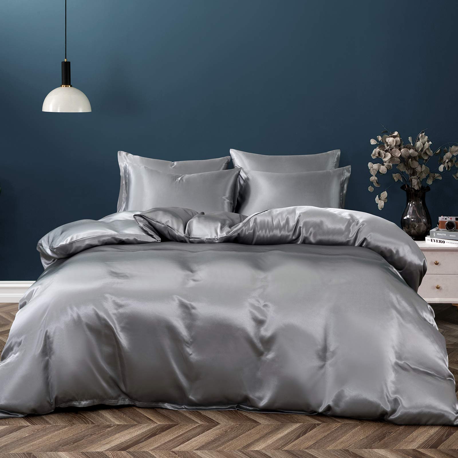 P Pothuiny 5 Pieces Satin Duvet Cover King Size Set, Luxury Silky Like Grey Duvet Cover Bedding Set With Zipper Closure, 1 Duvet