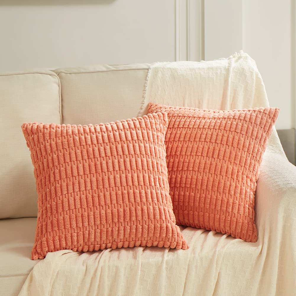 Fancy Homi 24X24 Pillow Covers, Pack Of 2 Coral Throw Pillow Covers With Stripe Pattern, Super Soft Corduroy Square Solid Cushio