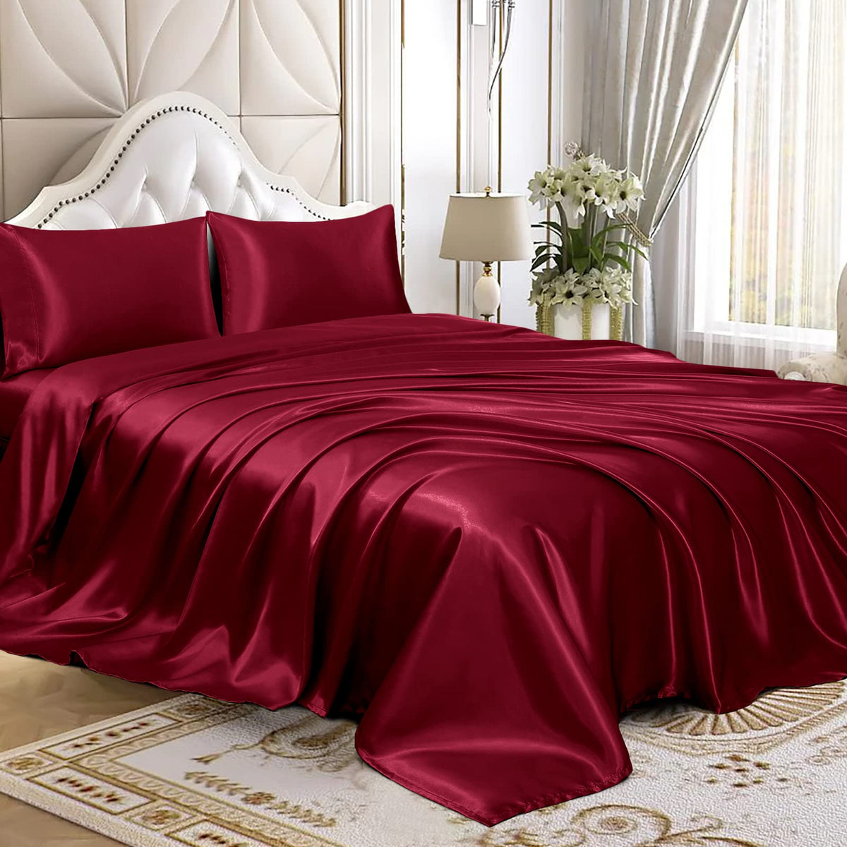 Homiest 4Pcs Satin Sheets Set Luxury Silky Satin Bedding Set With Deep Pocket, 1 Fitted Sheet + 1 Flat Sheet + 2 Pillowcases (Fu