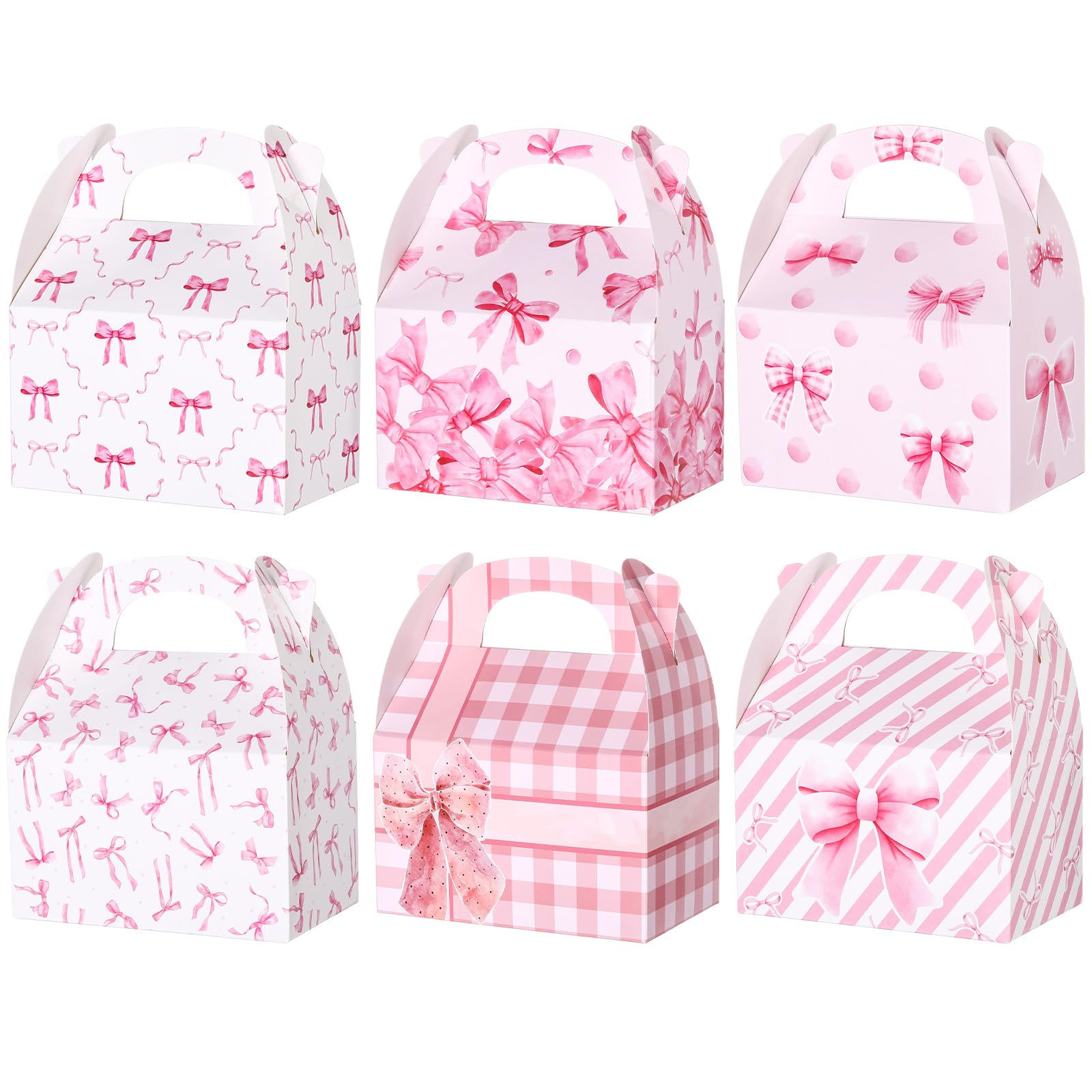 MotiMind 24 Pack Valentines Day Treat Boxes Pink Bow Party Favor Boxes Large Pink Coquette Bow Cookie 6 Types Party Cardboard T
